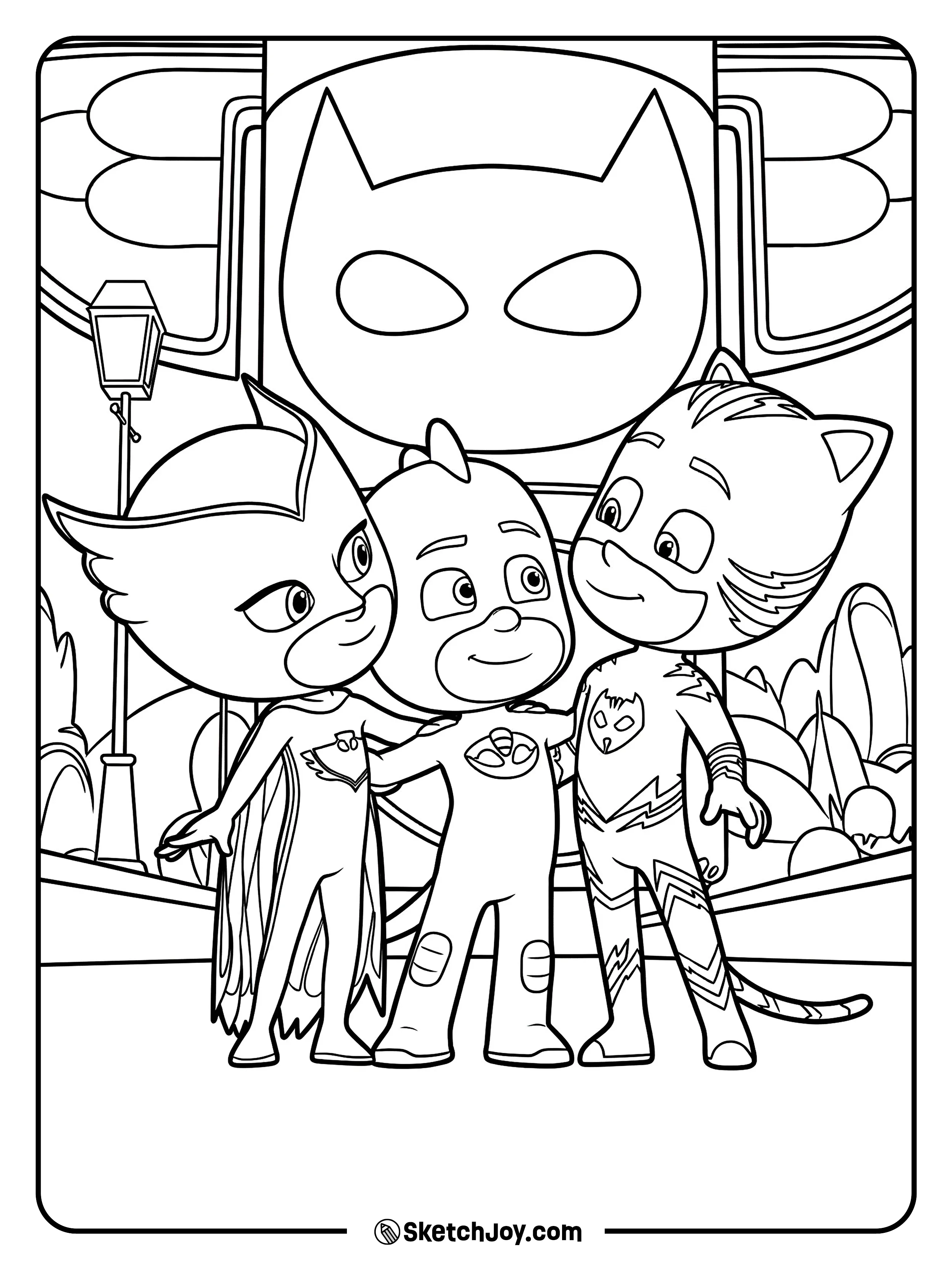 Owlette, Gekko, and Catboy stand close together in front of the big PJ Masks tower.