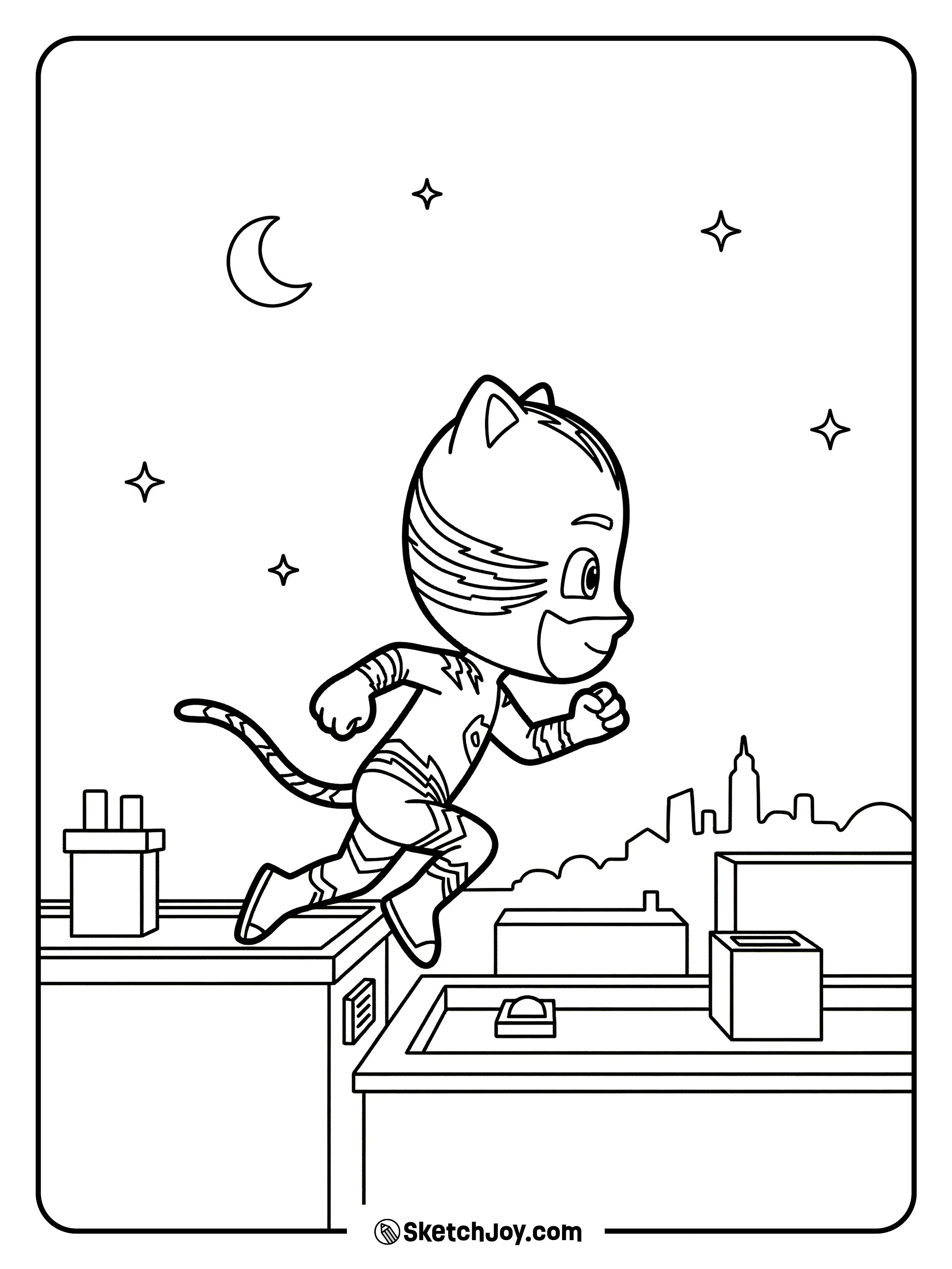 Catboy races across rooftops under the moon.