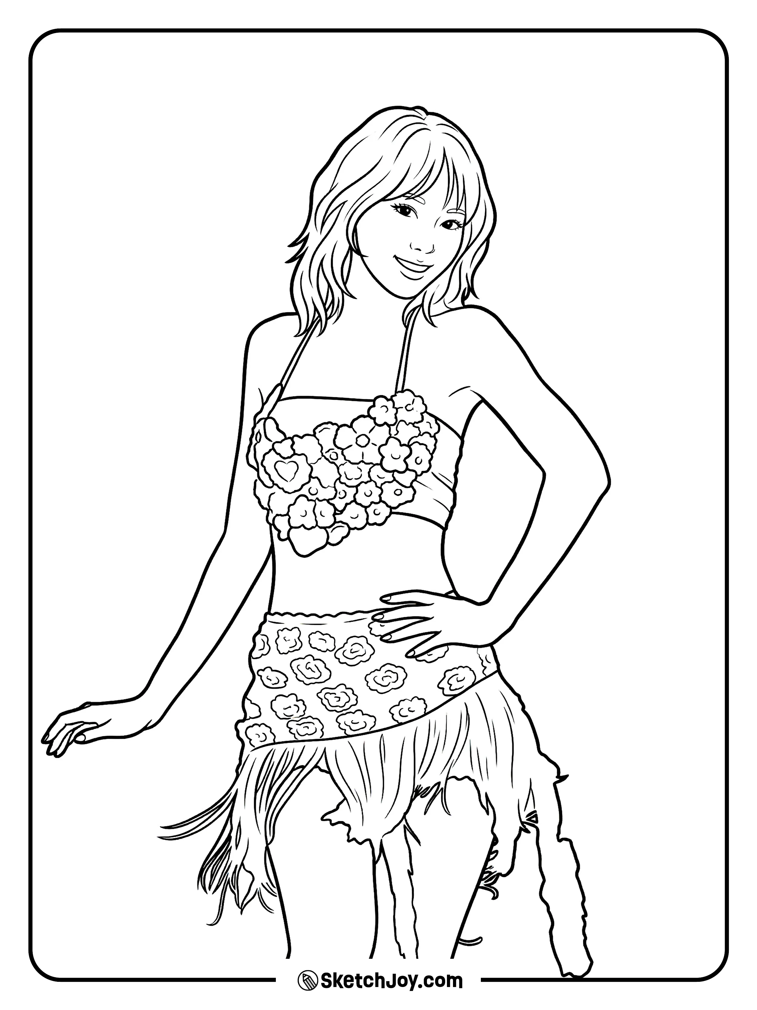 Chaewon smiles in a cute outfit with a flower-covered top and a fun skirt.