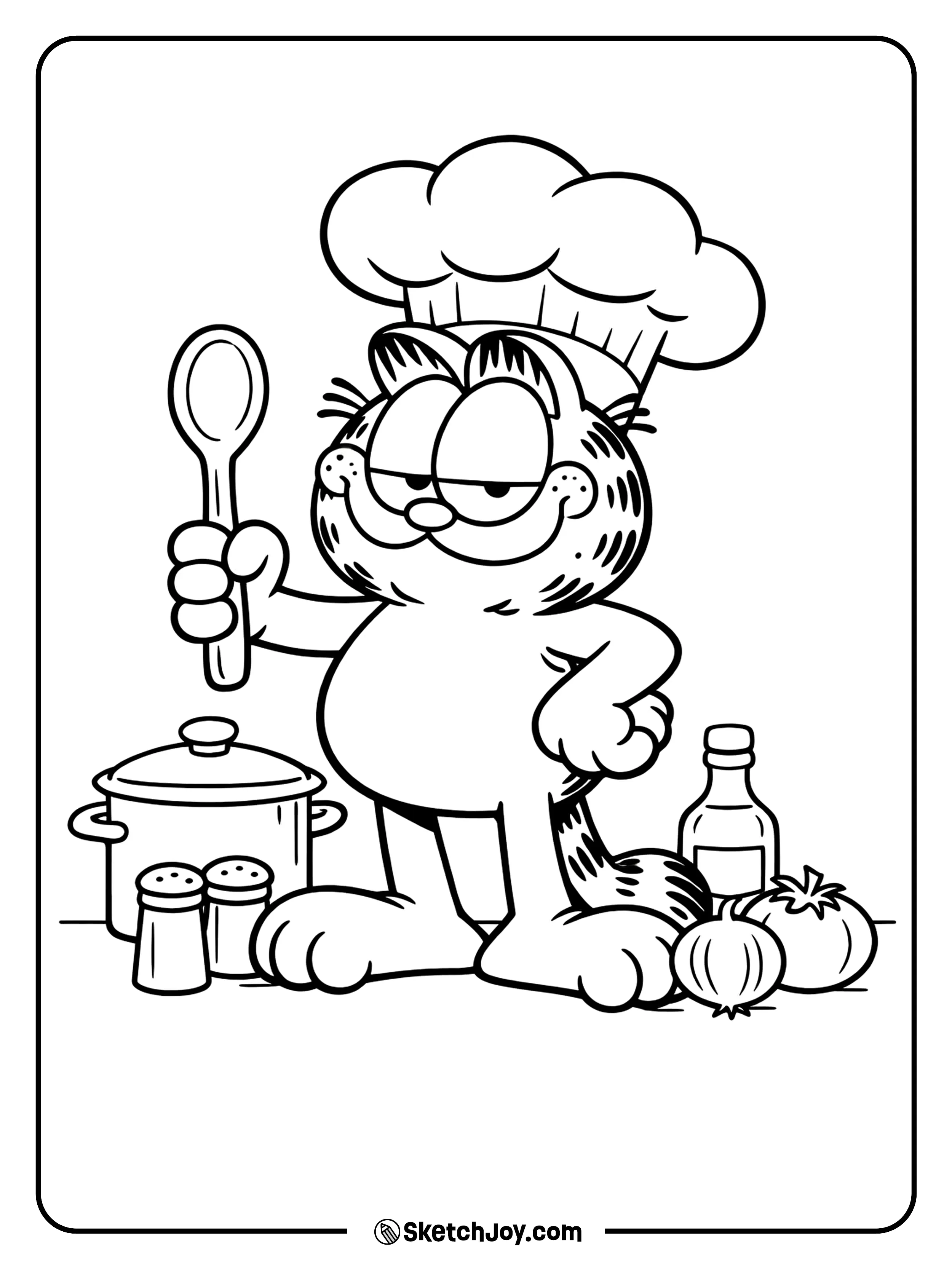 He wears a chef hat and holds a wooden spoon.