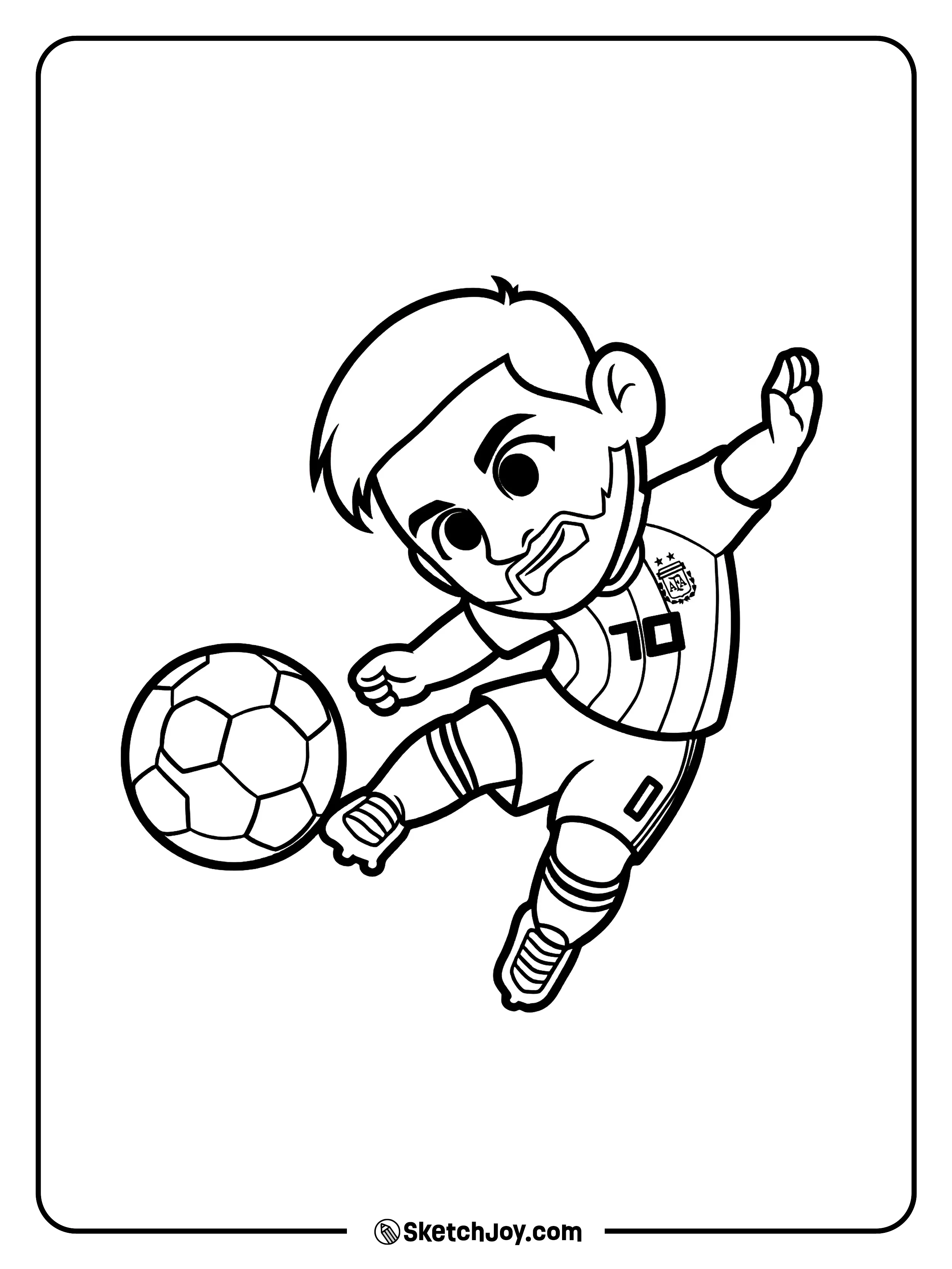 Chibi Messi #10 kicks a ball with thick, clean outlines.