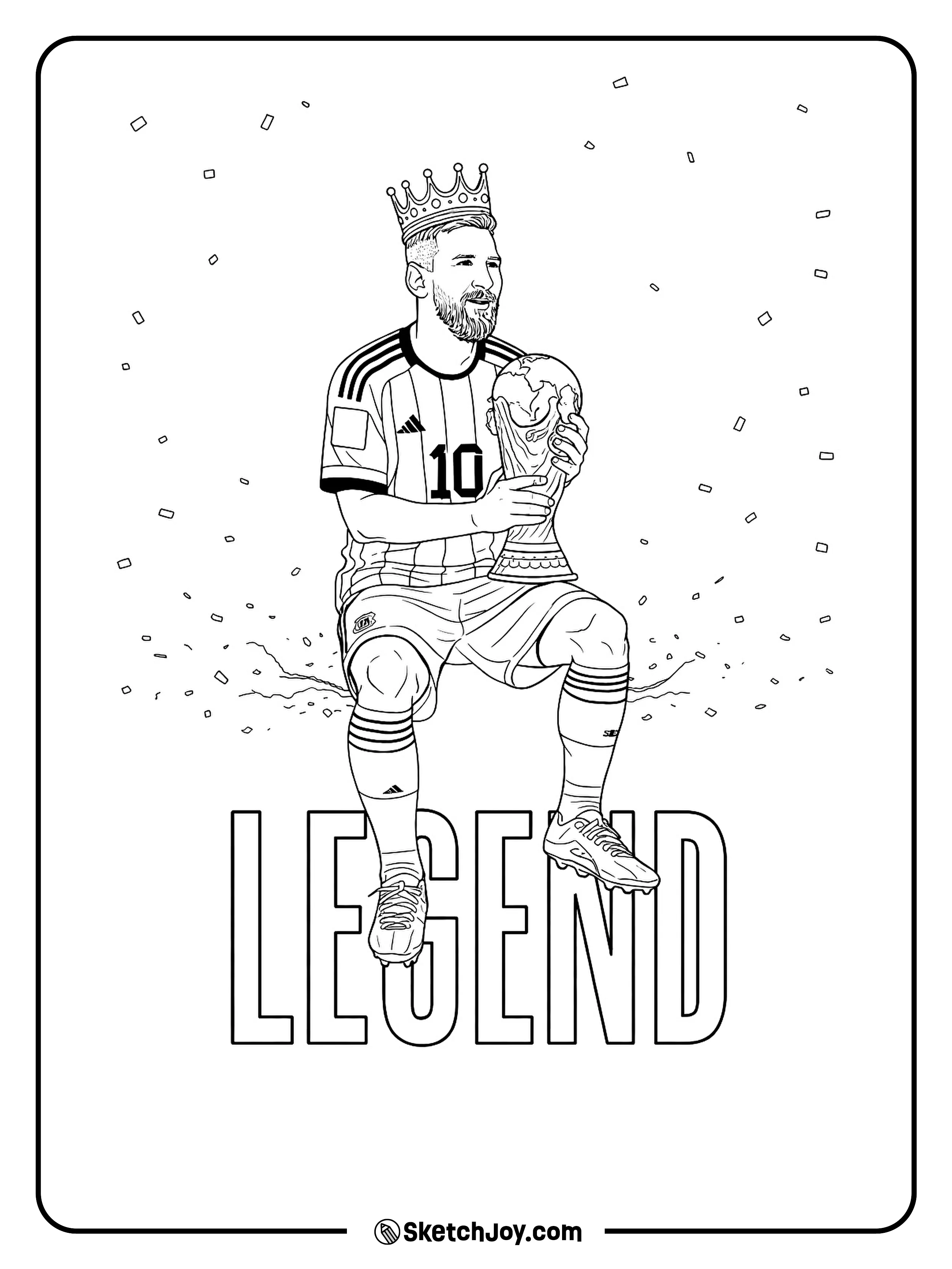 Chibi Messi sits by a big trophy and a smiling ball.