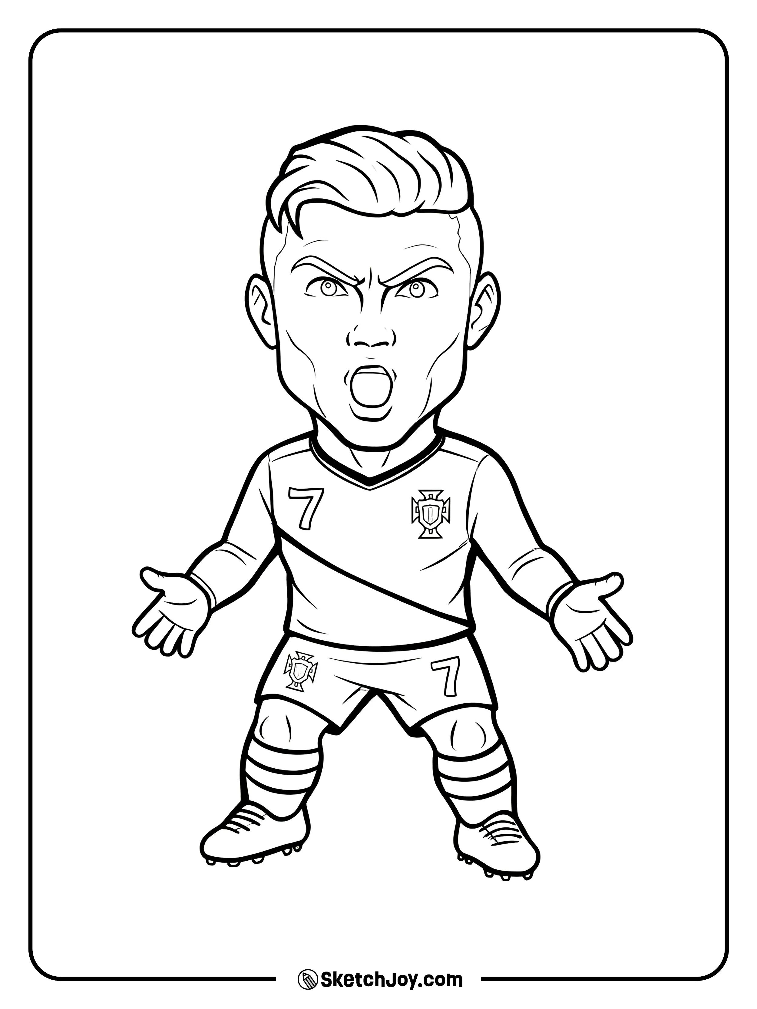 A cute CR7 character reacts with arms wide and a big expression.
