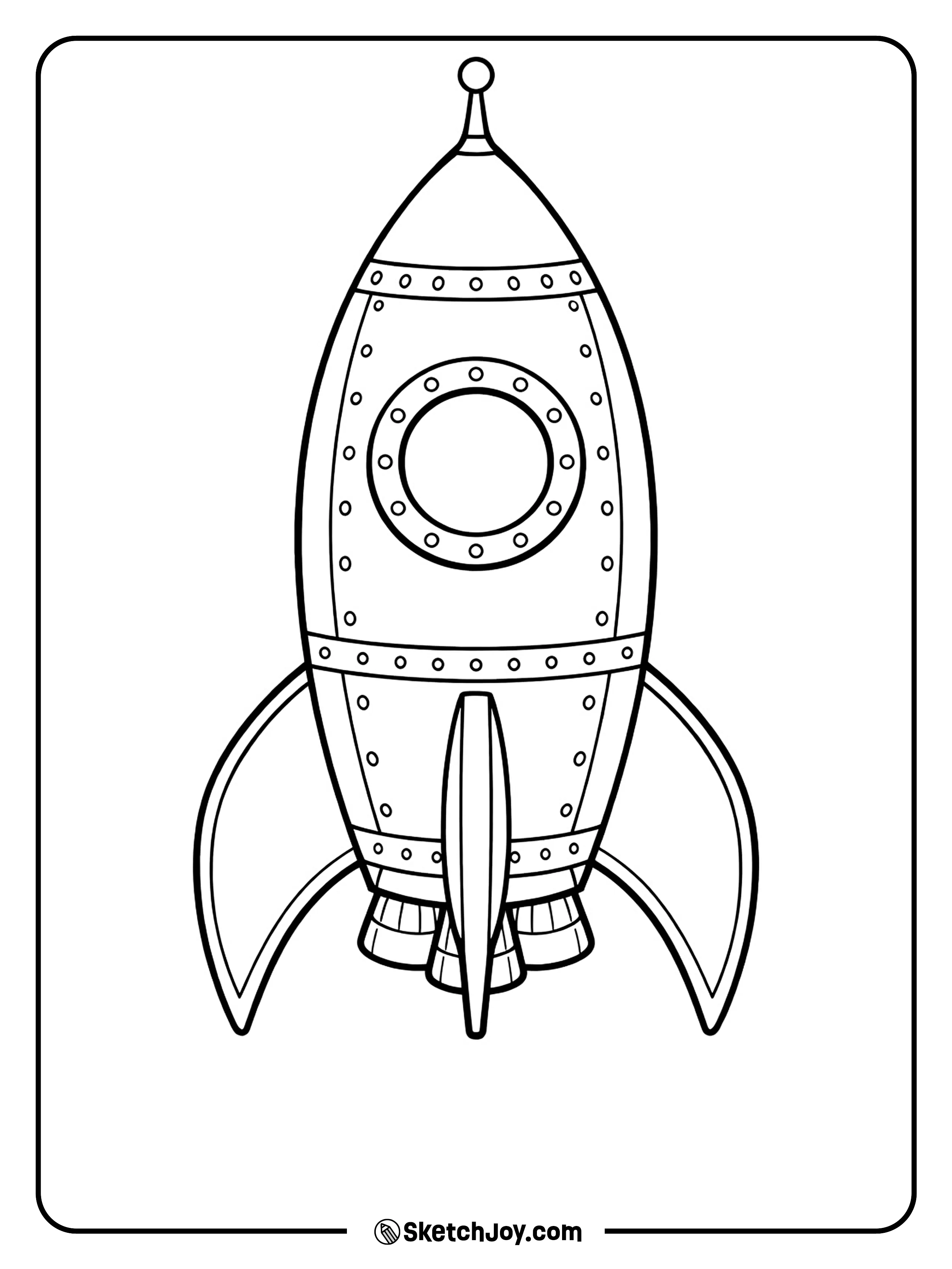 A classic space ship stands tall with bold fins and a round window.