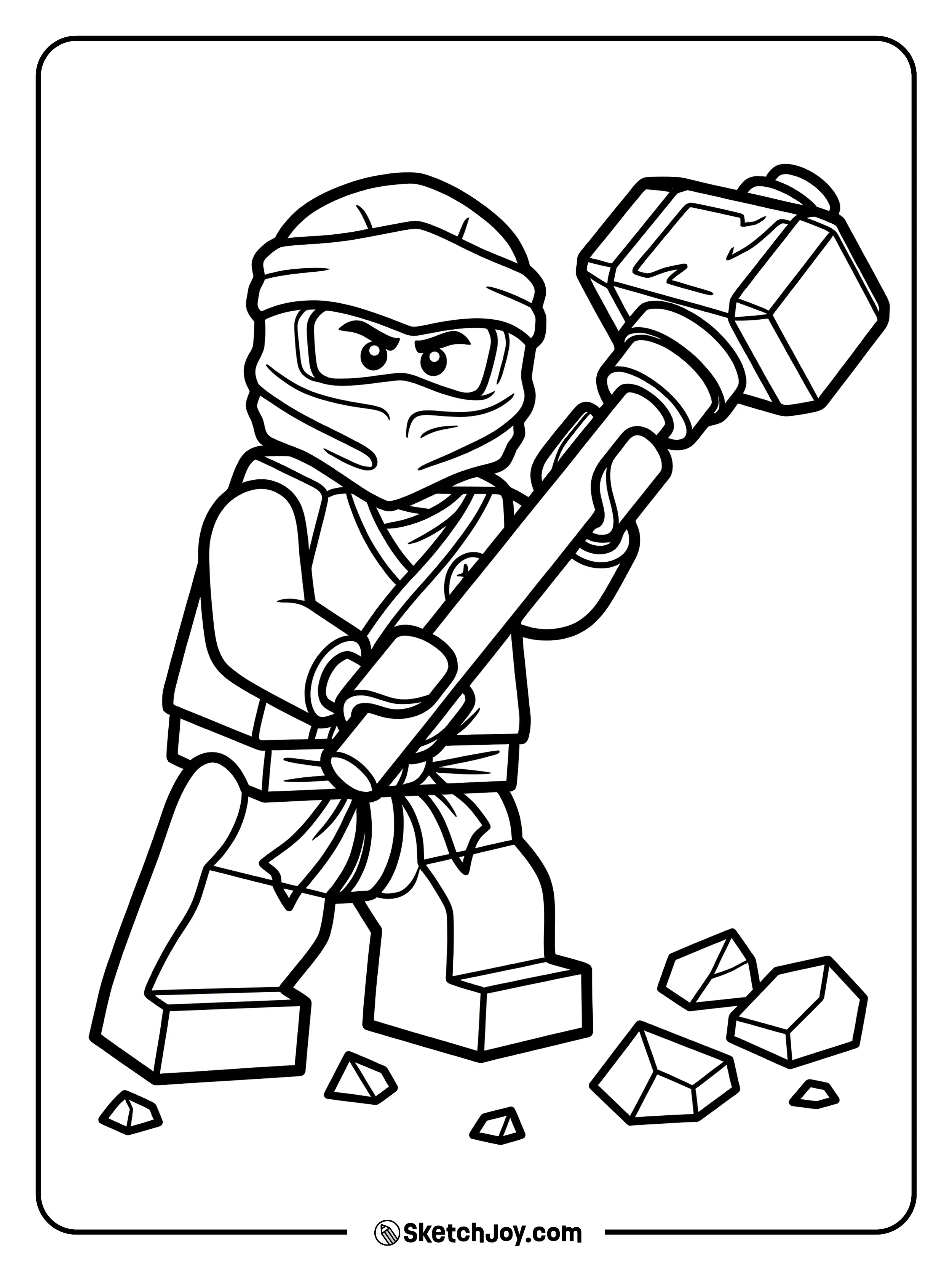 Cole stands firm holding a heavy hammer.