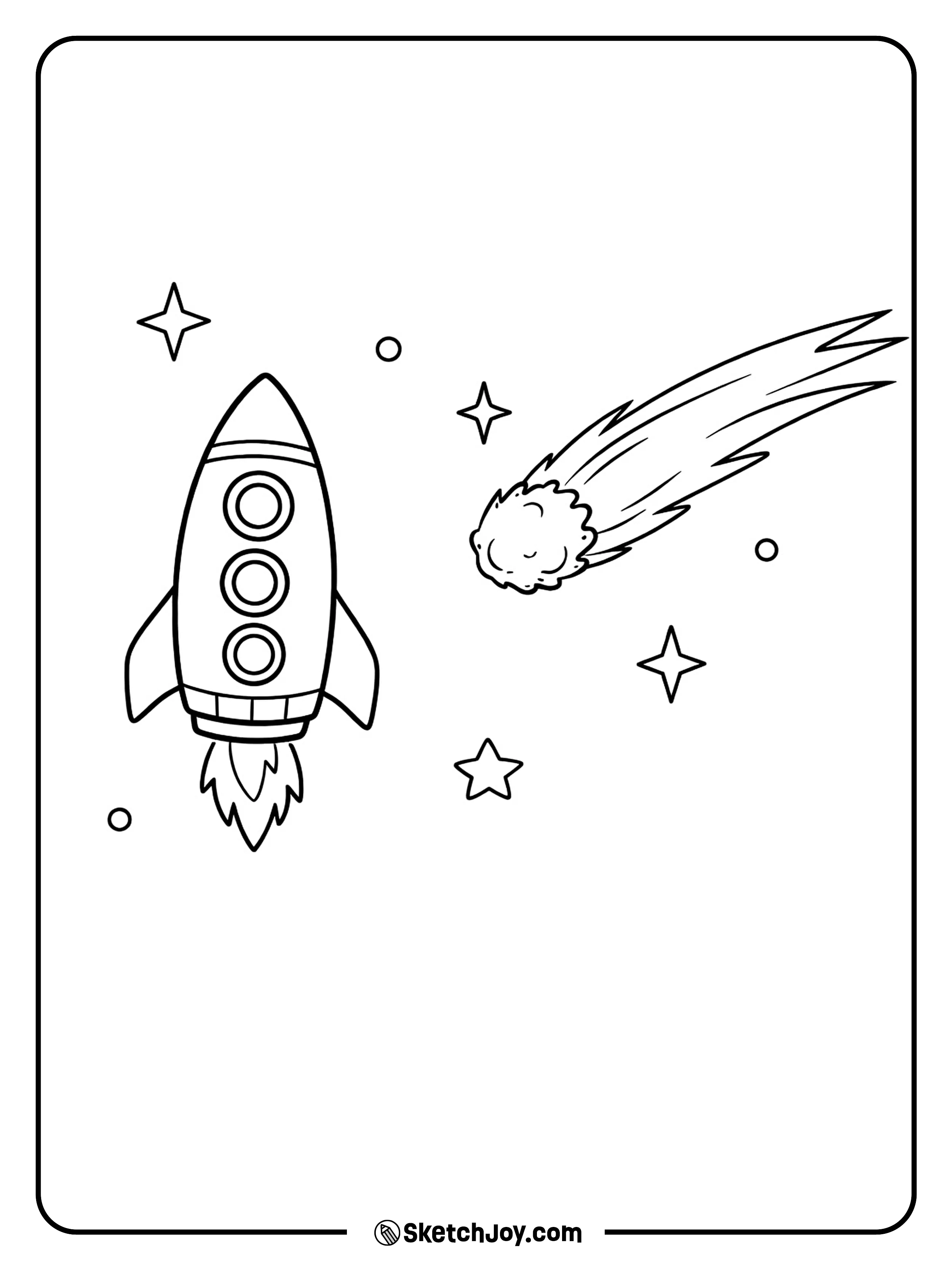 A space ship flies near a comet with a long tail.