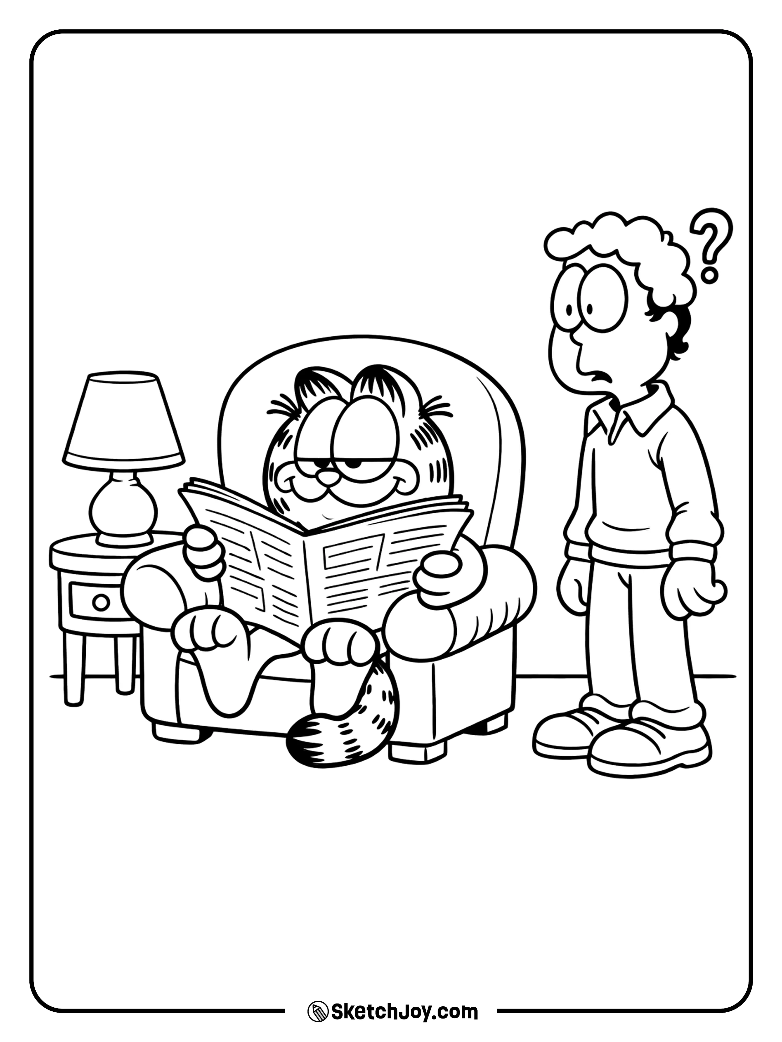 Garfield reads the newspaper while Jon looks confused.