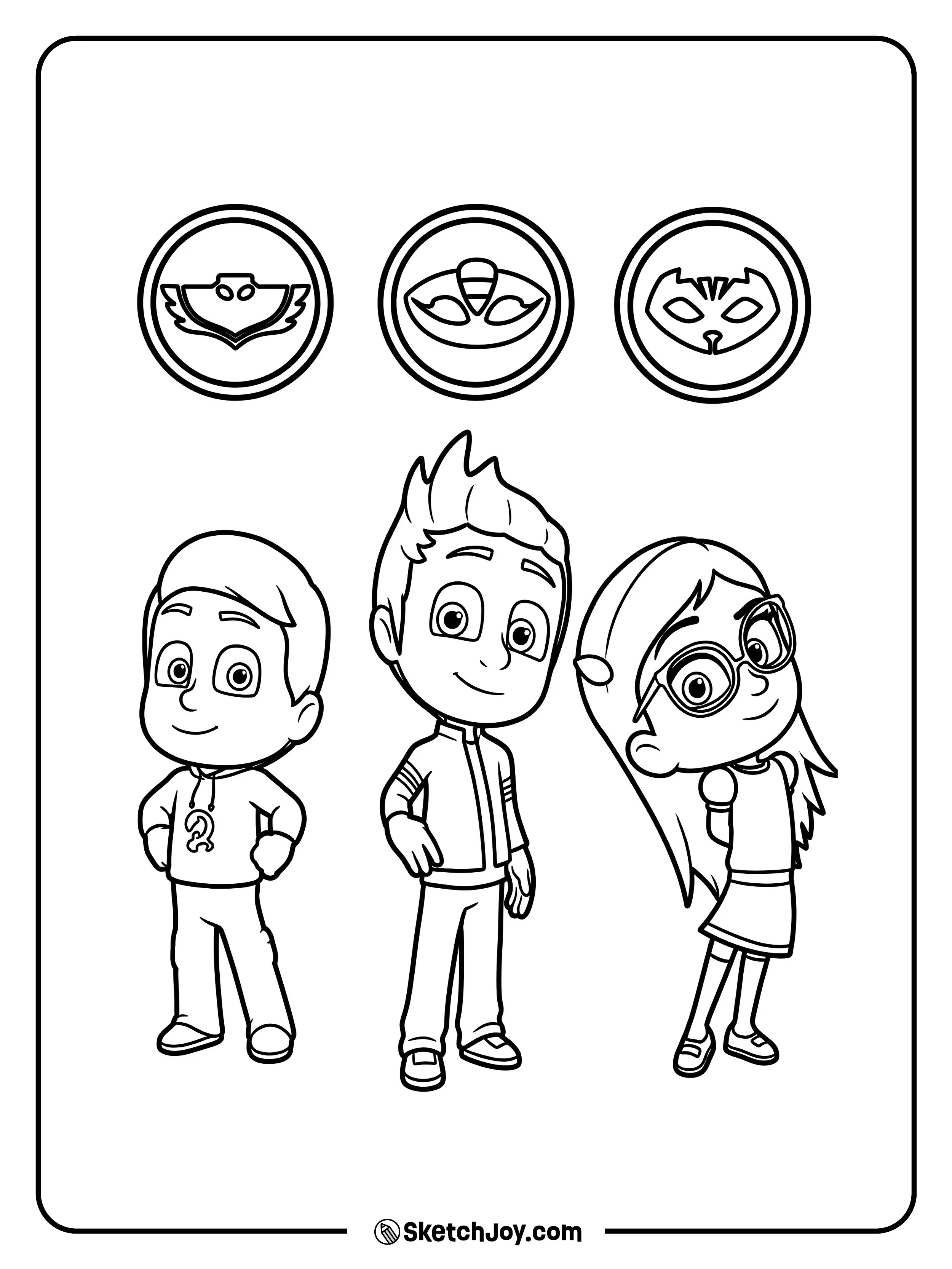 Connor, Greg, and Amaya stand together under the PJ Masks hero badges.