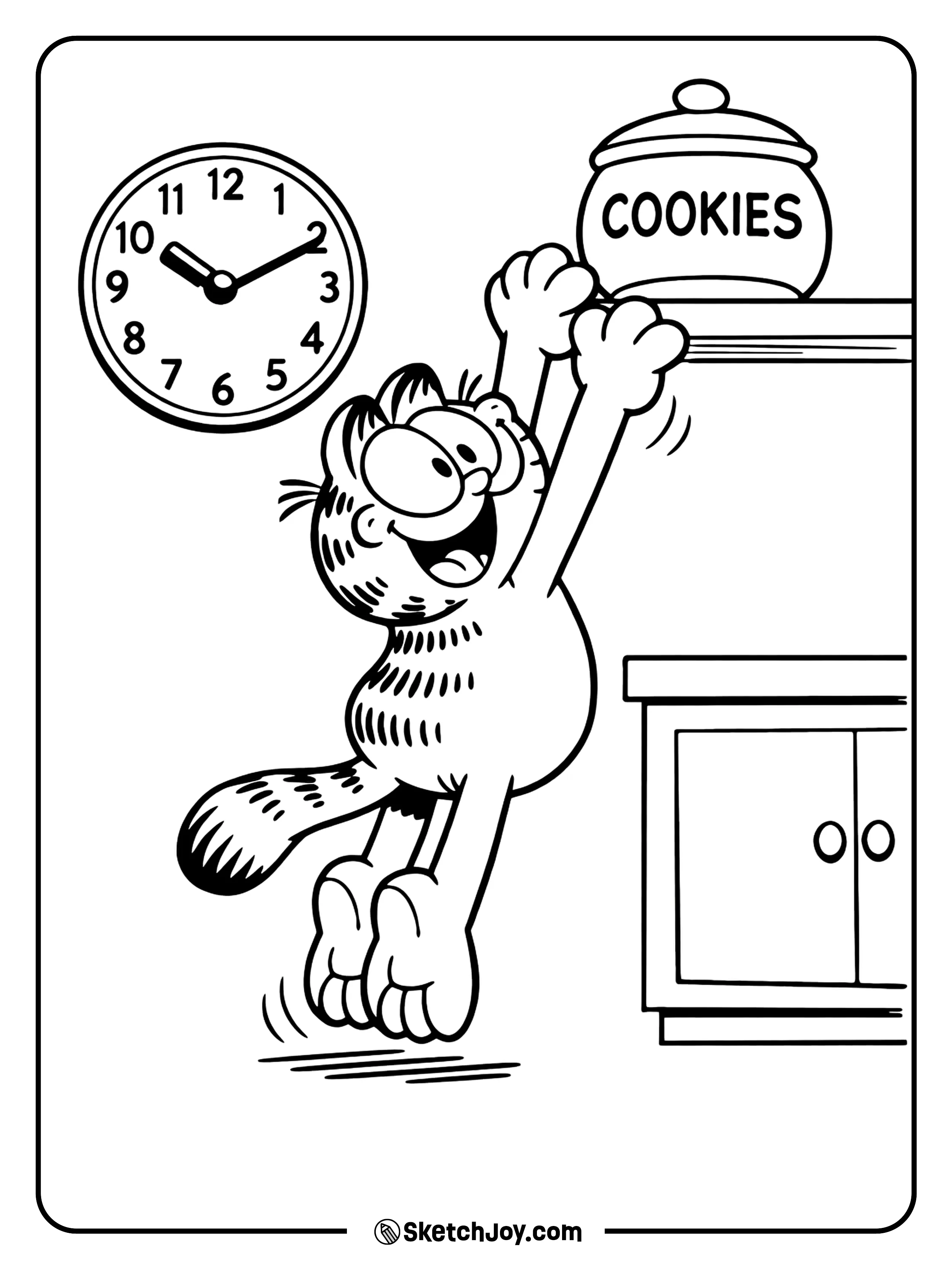 Garfield stretches up to grab the cookie jar.