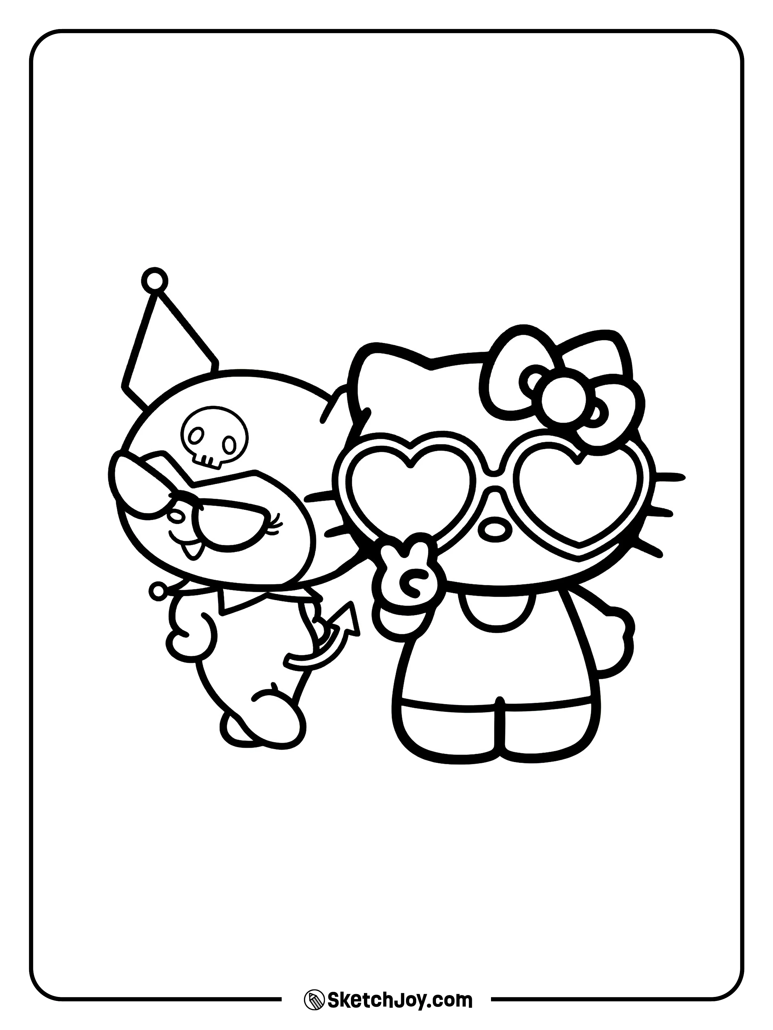 Hello Kitty and Kuromi walk together in big heart sunglasses for a fun pose.