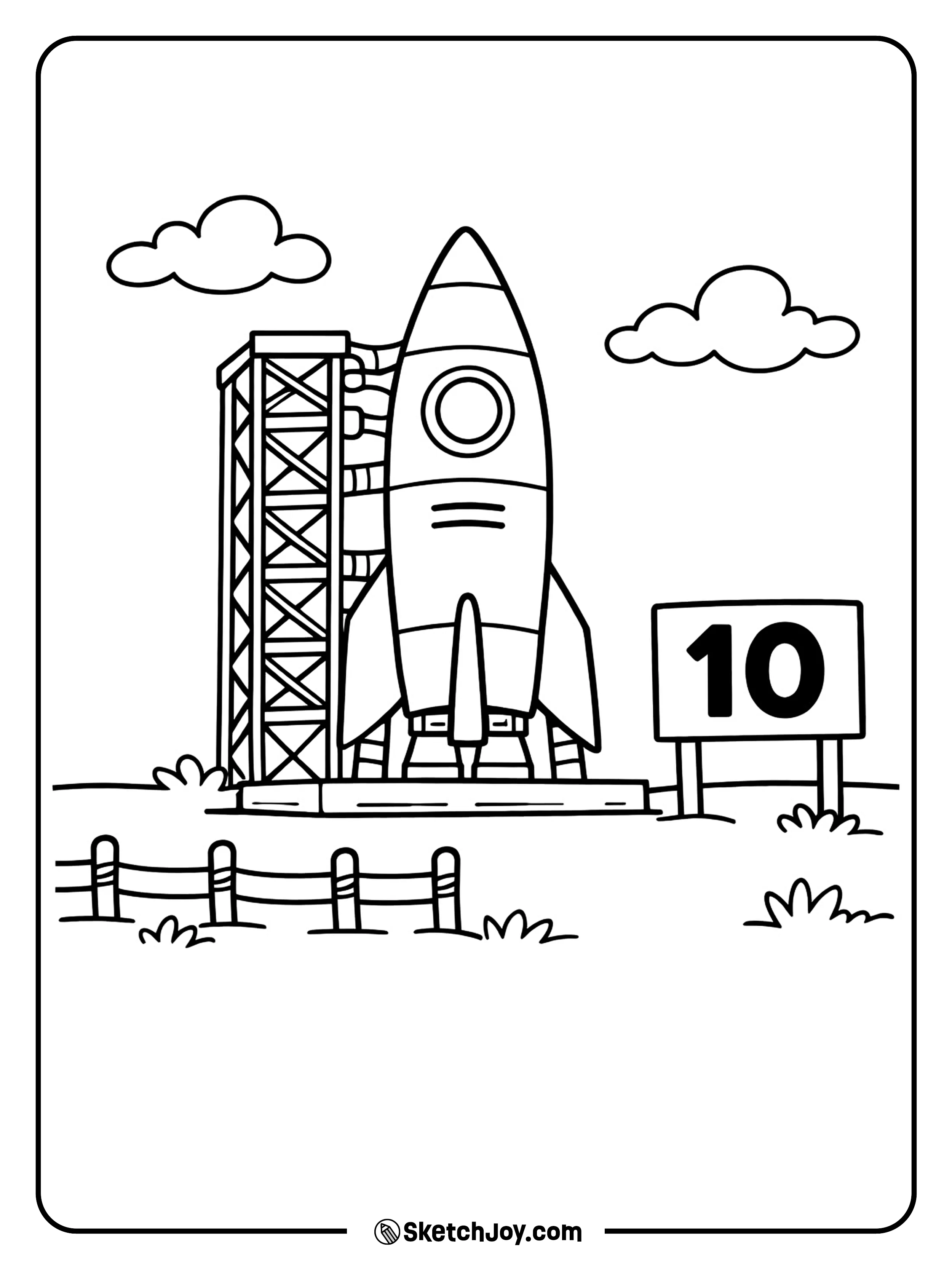 A space ship stands by a big countdown sign.