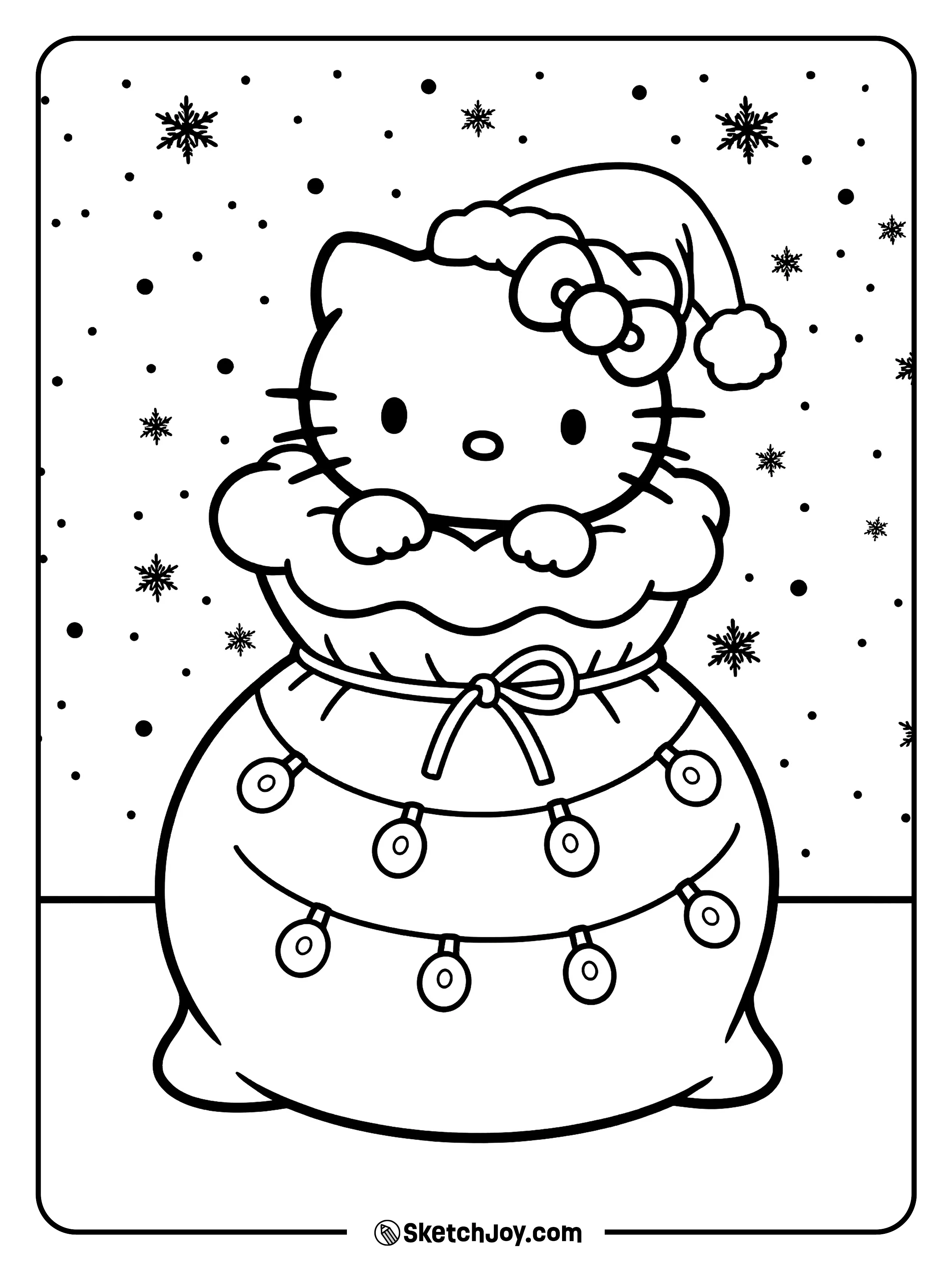 Hello Kitty pops out of a tied gift sack as snow falls all around her.