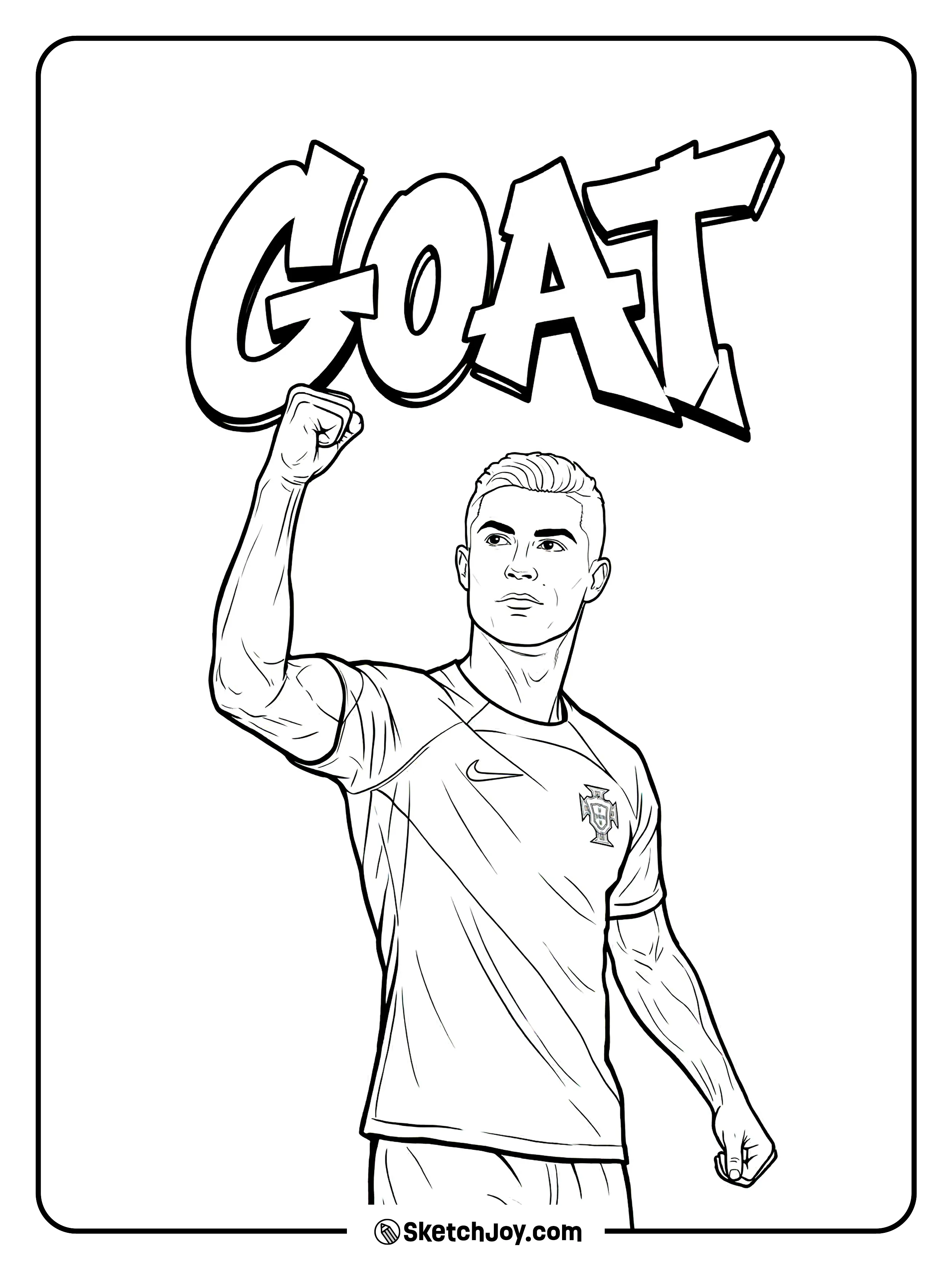 A bold CR7-style moment with a raised fist and big GOAT text.