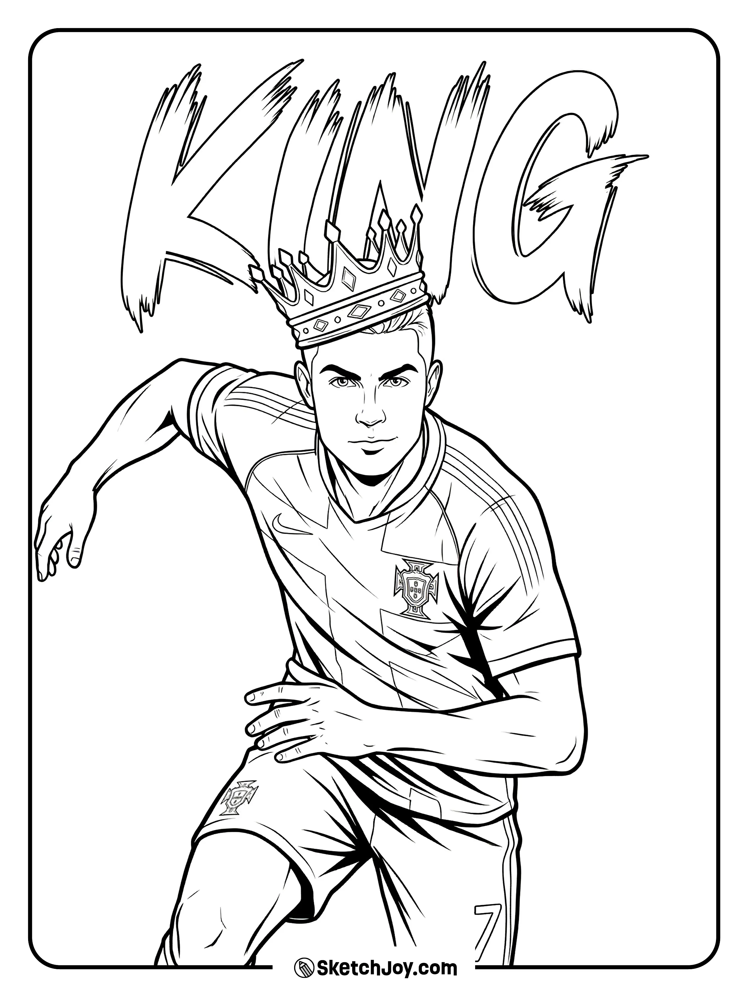 Ronaldo celebrates in a number 7 scene with a crown and team crest.