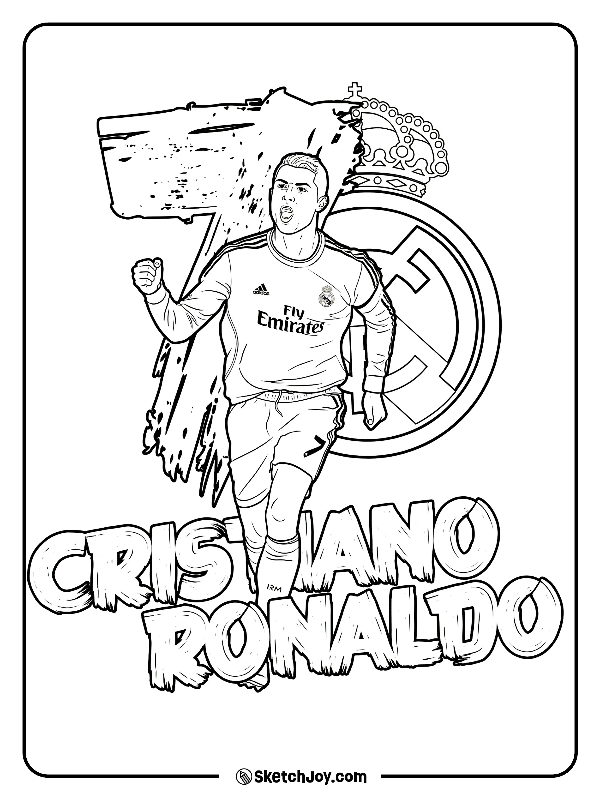 Ronaldo stands with a big 7 and the Real Madrid badge behind.