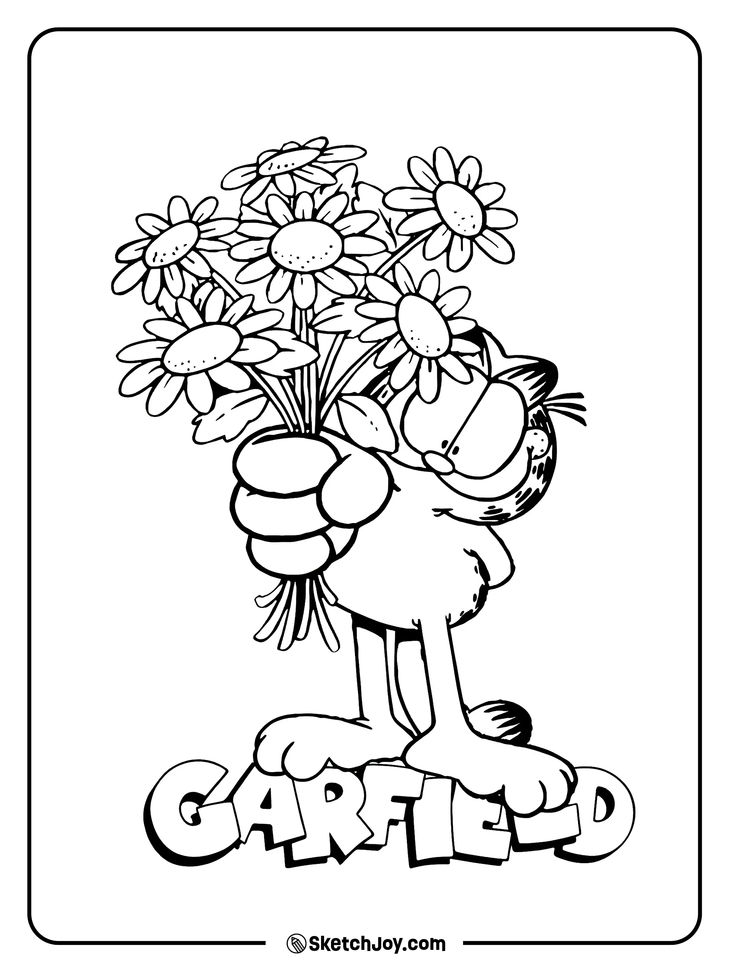 Garfield holds a big bunch of daisies like a sweet surprise.