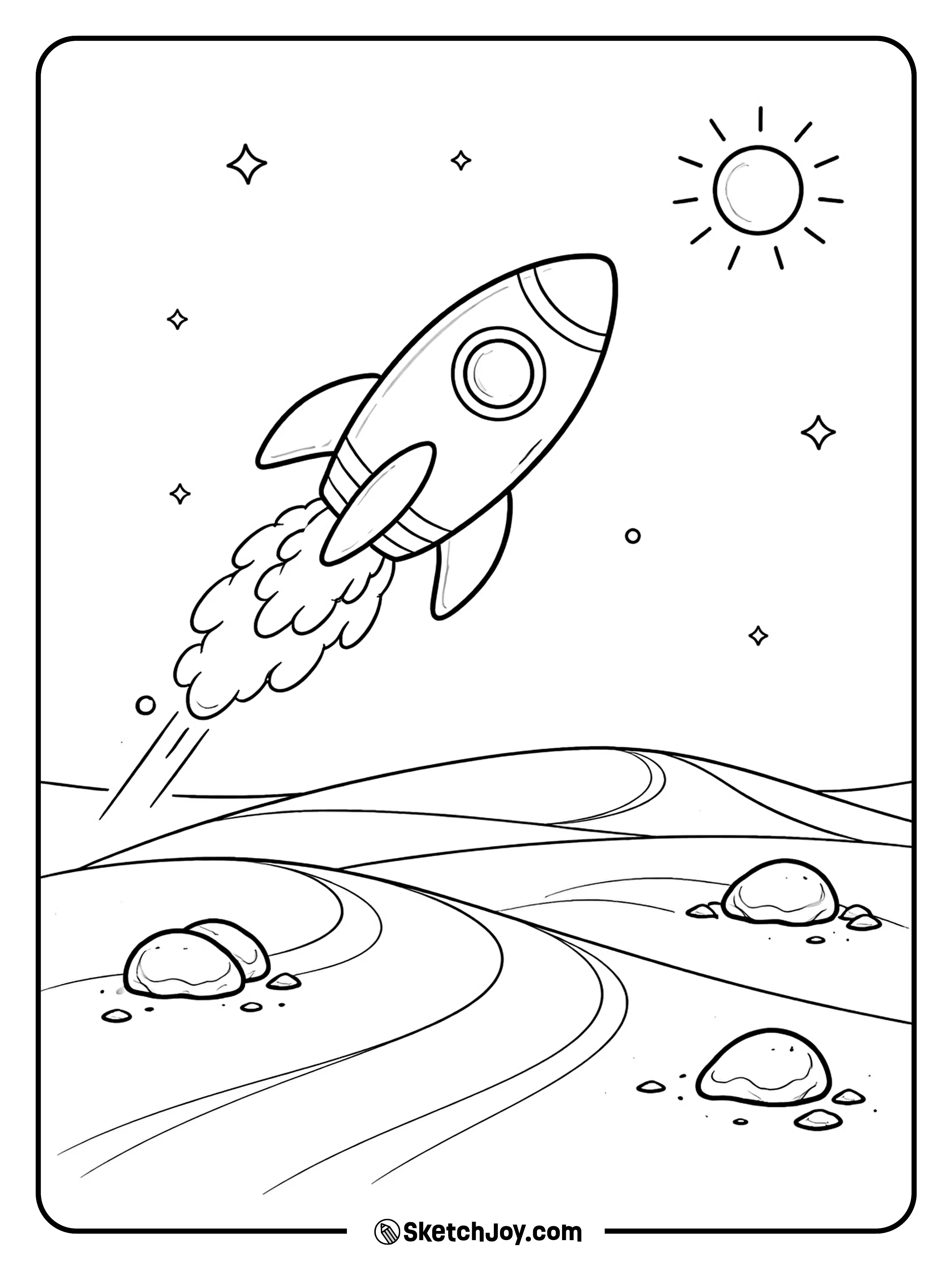 A space ship flies over smooth dunes and a few rocks.