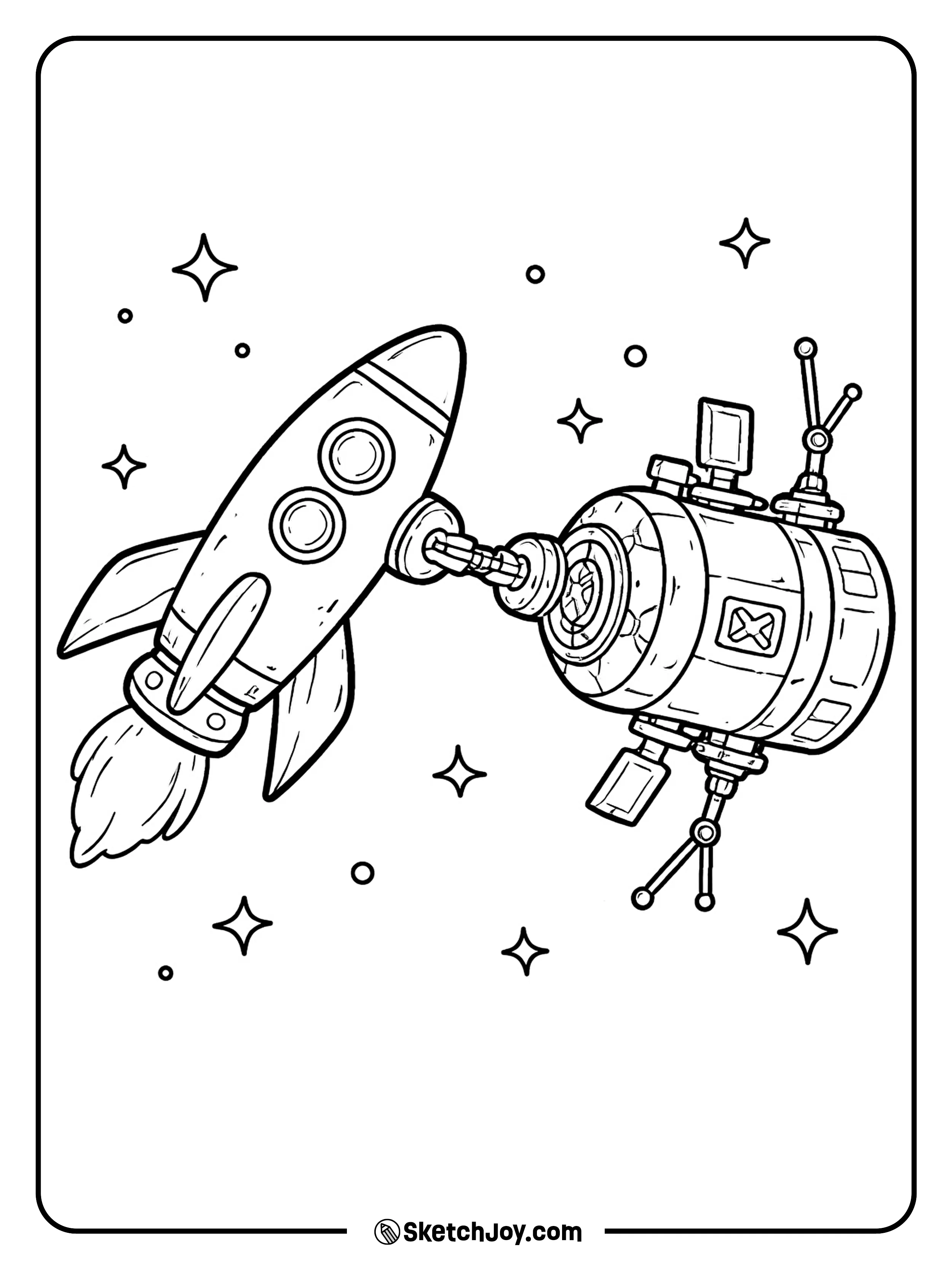 A space ship lines up with a simple docking port in space.