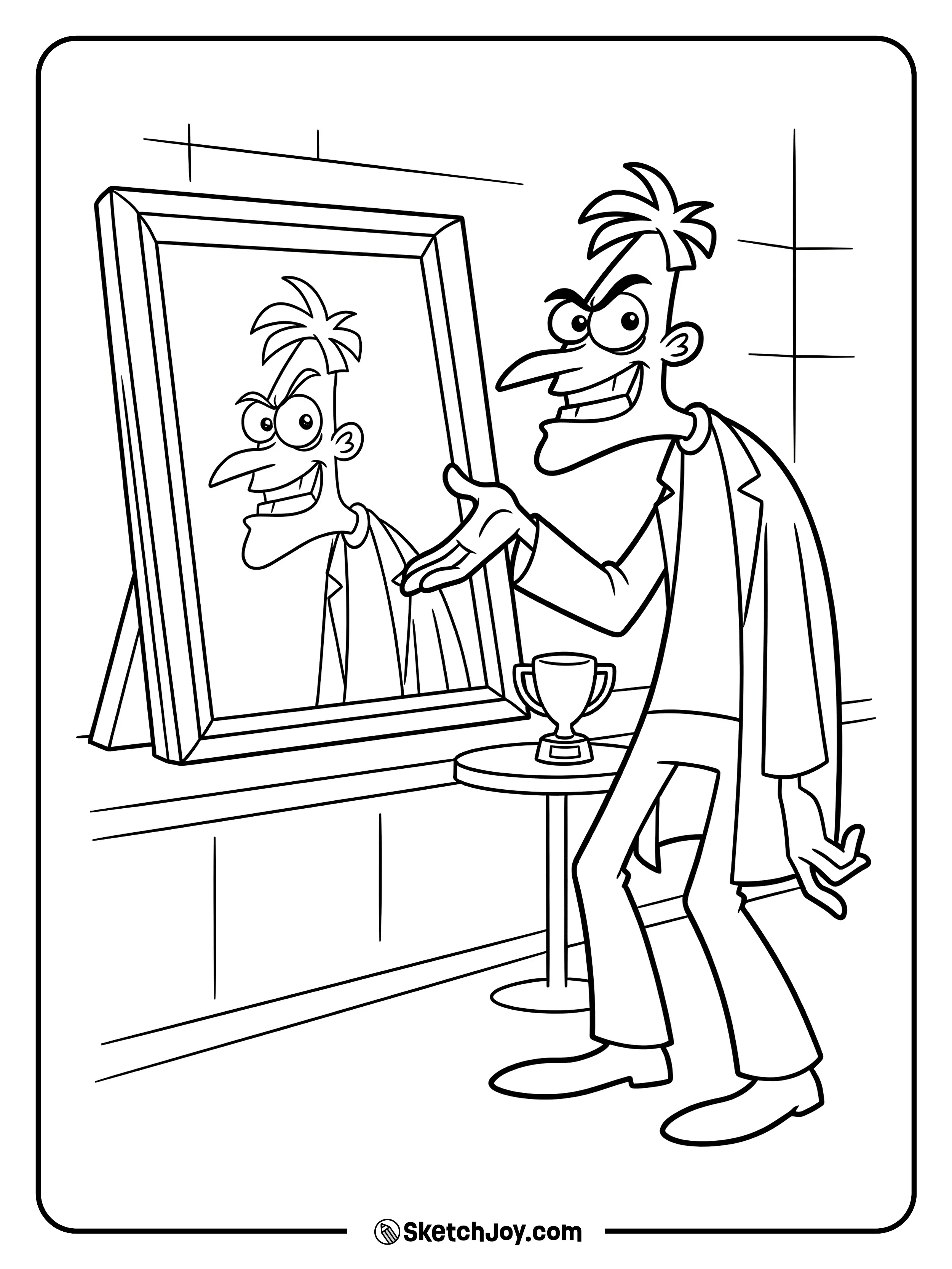 Doofenshmirtz poses next to a big frame with his face inside it.