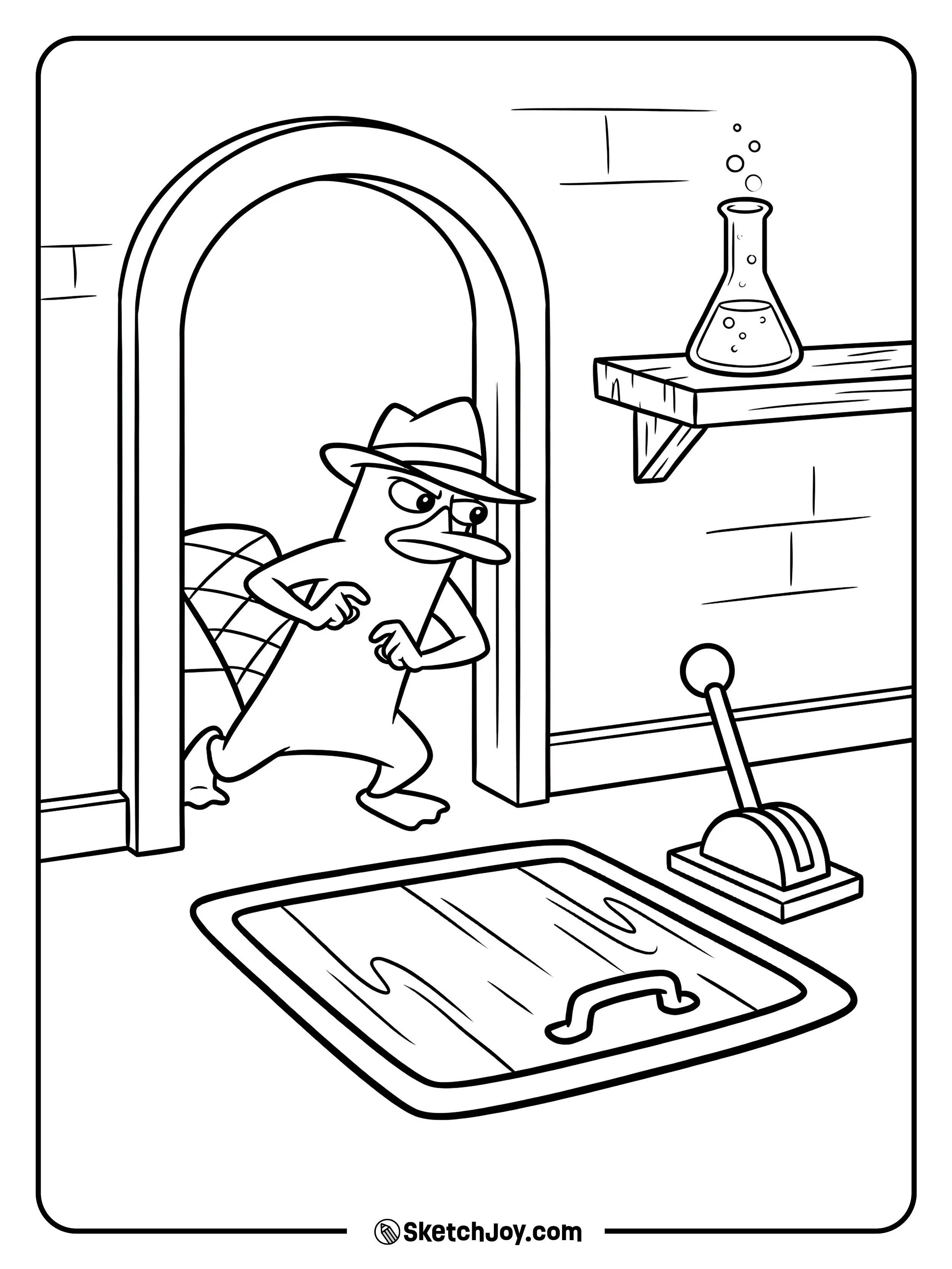 Perry sneaks in while a trap door and a lever sit nearby.