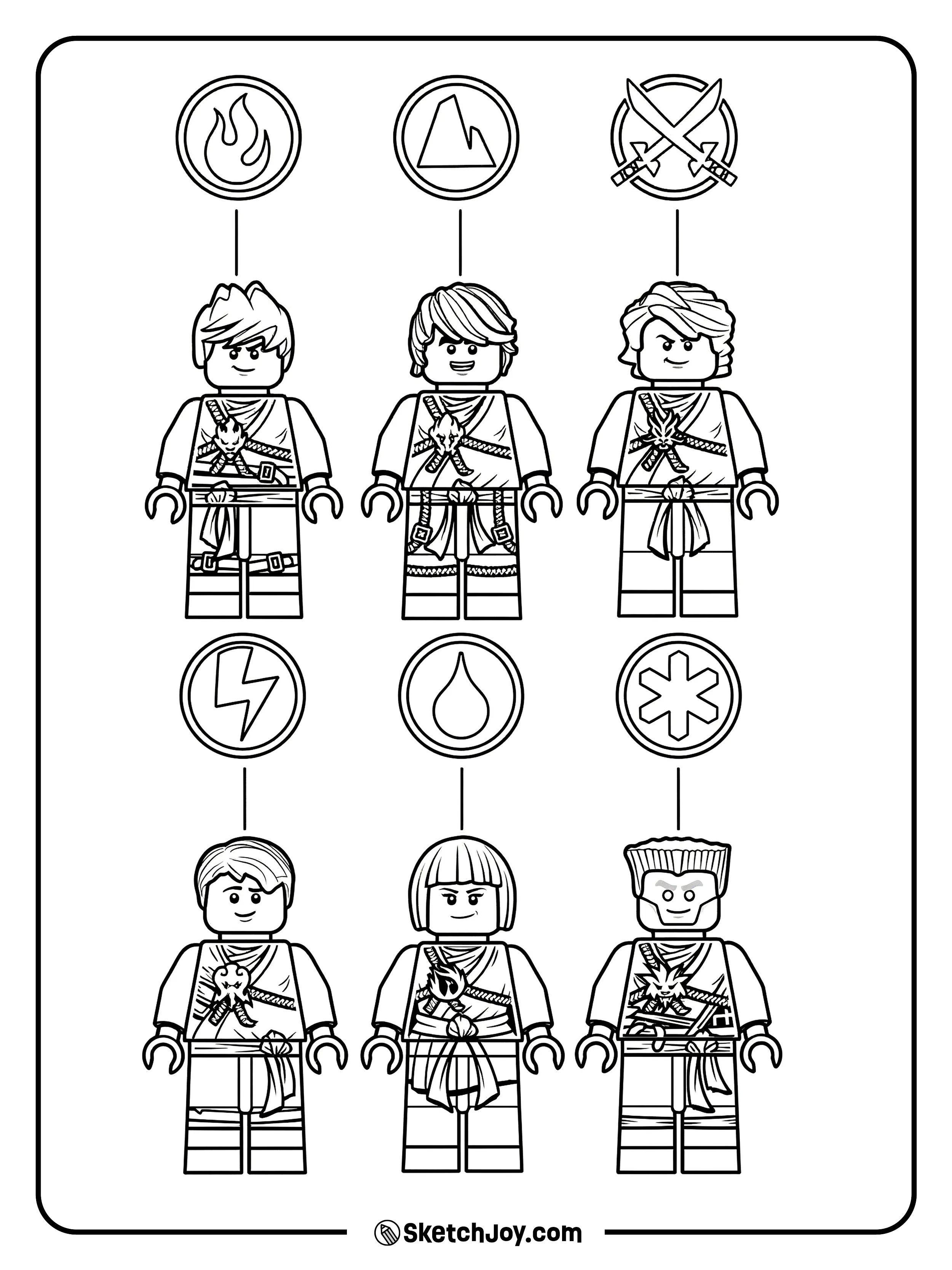 Kai, Cole, Lloyd, Jay, Nya, and Zane stand under simple element icons.