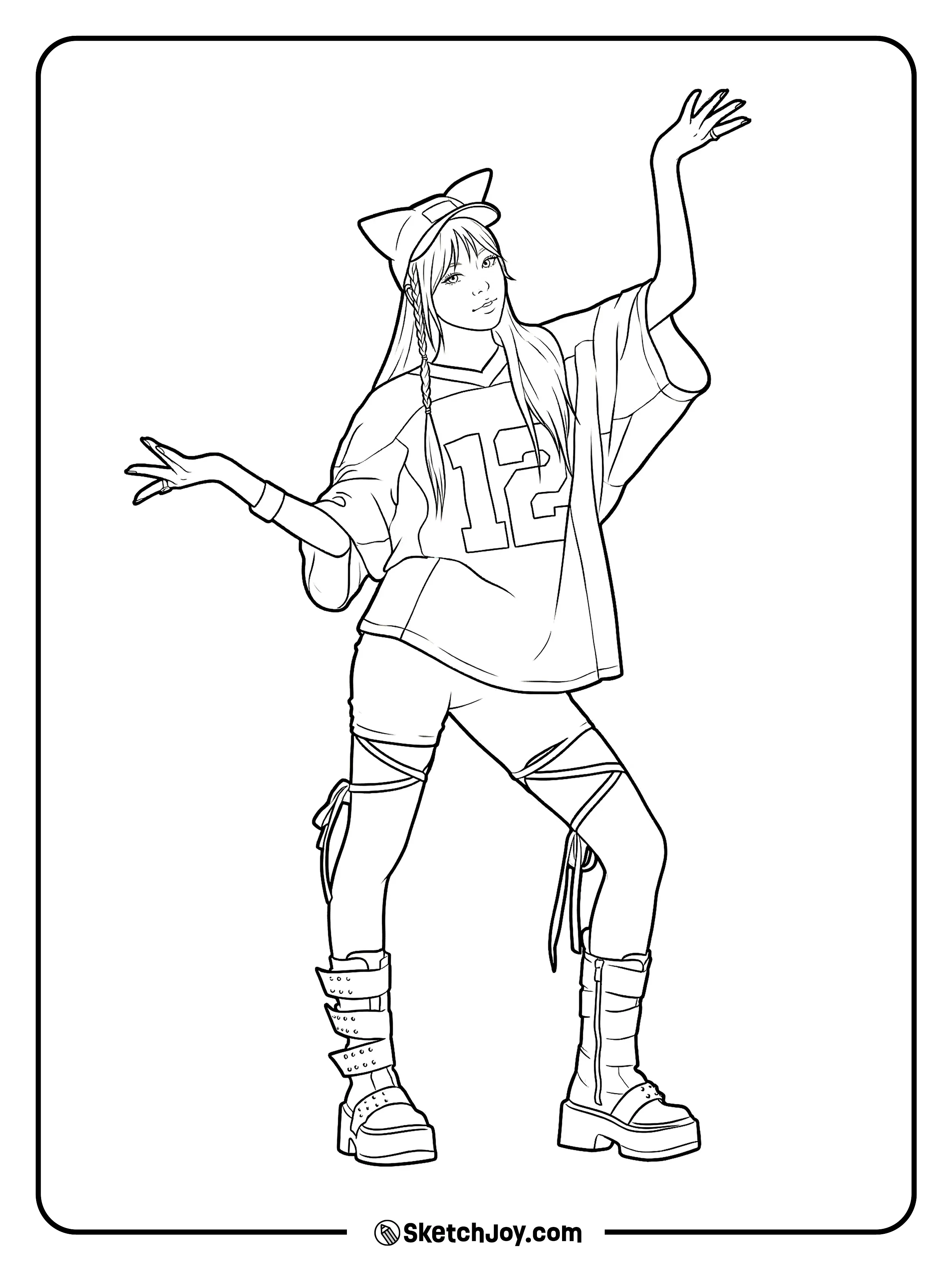 Eunchae strikes a fun dance pose in a big jersey-style shirt, shorts, and chunky boots.