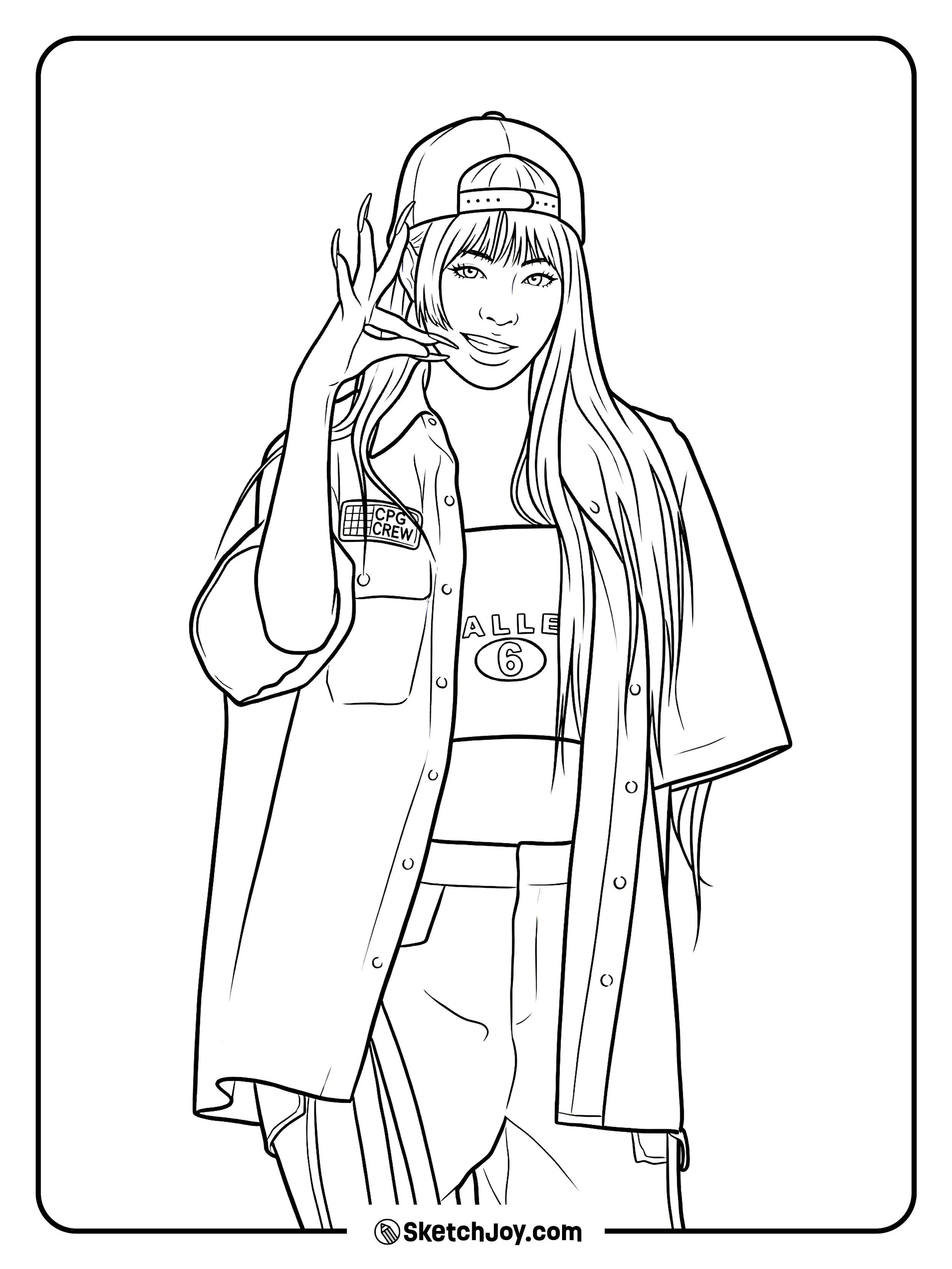 Eunchae smiles in a cap and oversized shirt while posing with a fun hand sign.