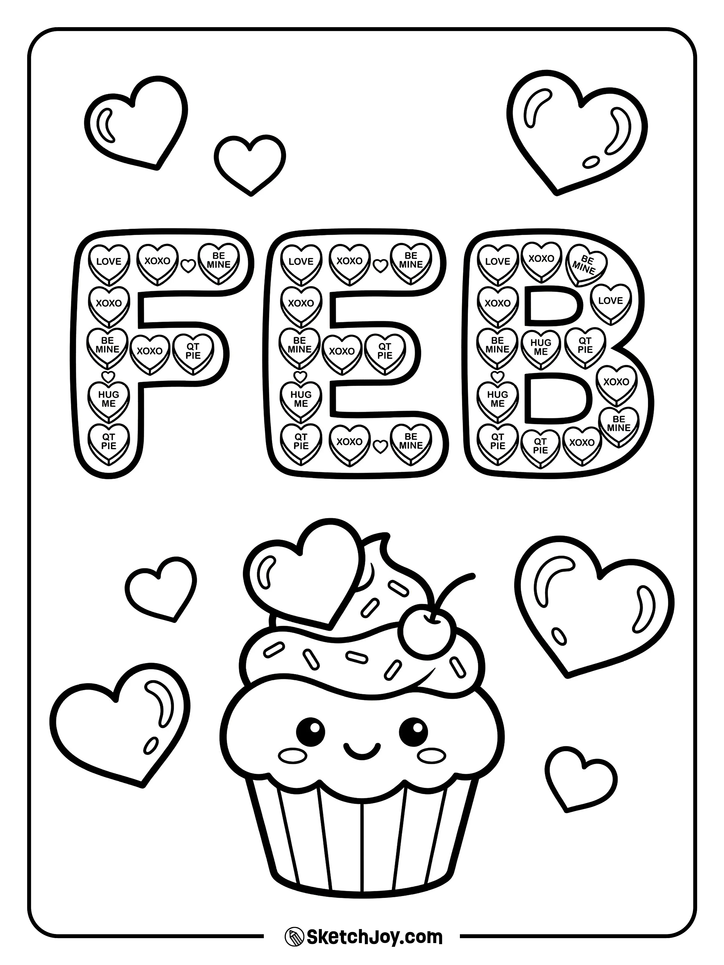 A cute cupcake sits under FEB candy-heart letters and tiny hearts.