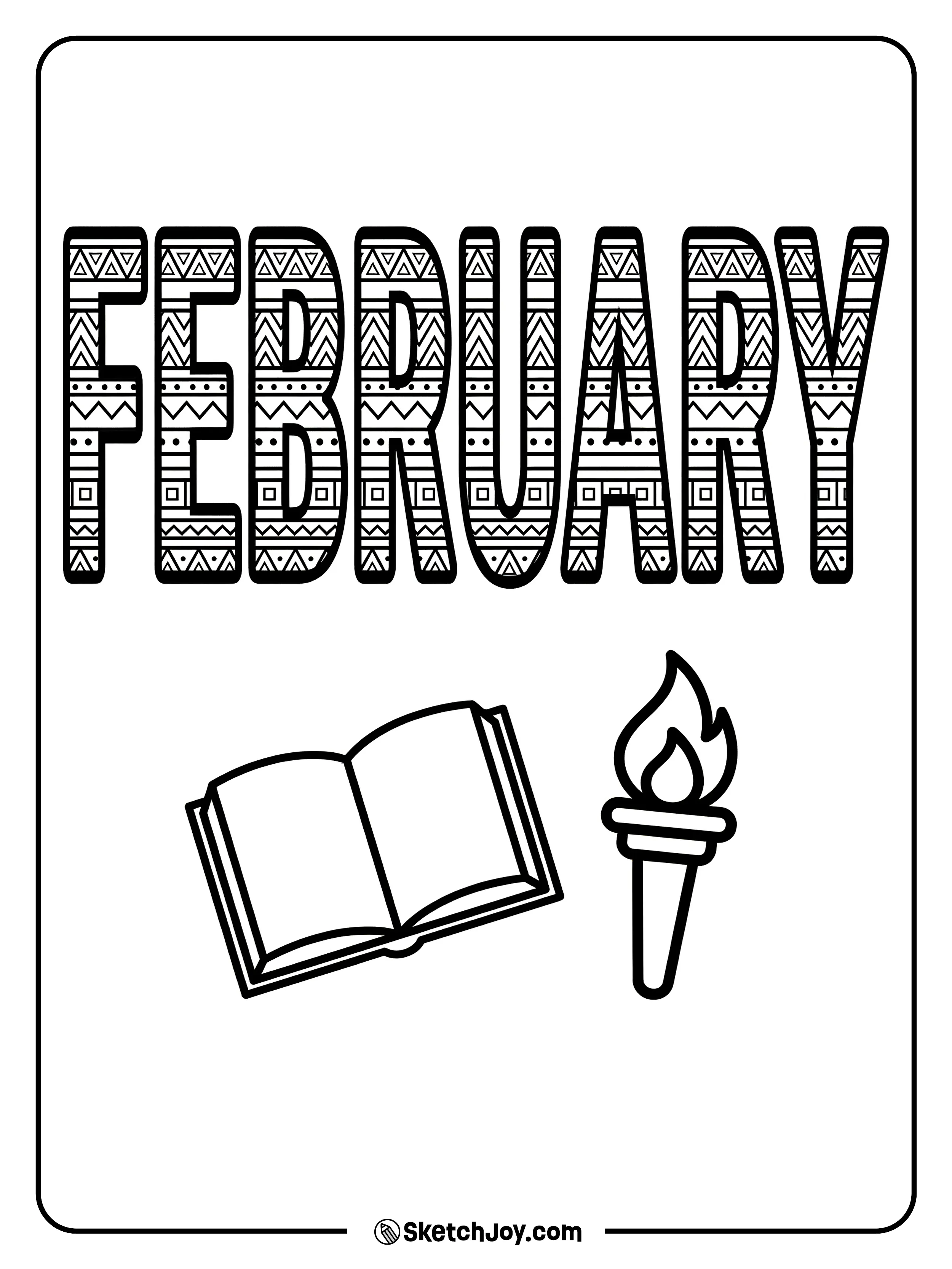 FEBRUARY letters use bold patterns with a book and a torch icon.