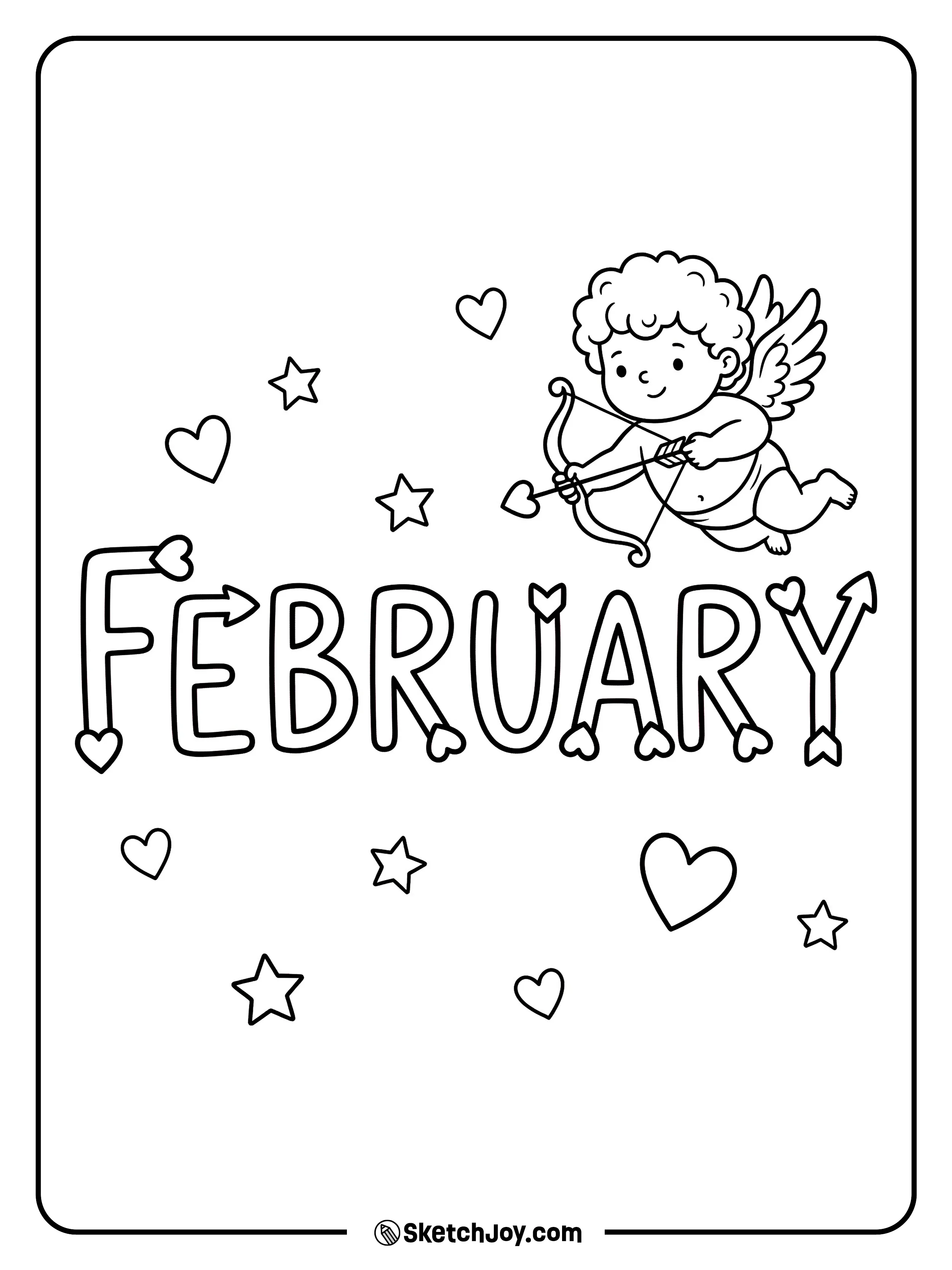 A cupid aims near FEBRUARY letters shaped like arrows and hearts.