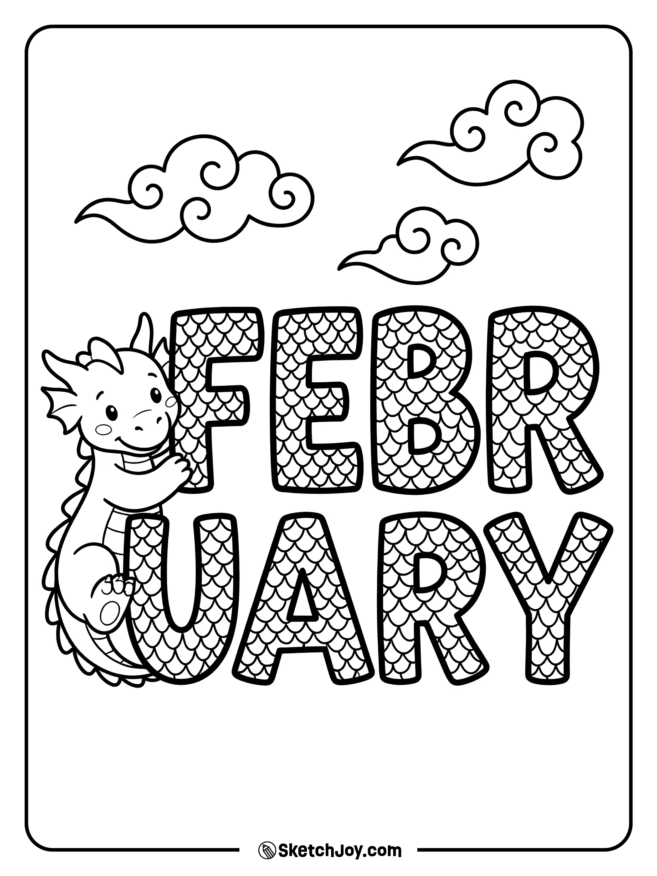 FEBRUARY has dragon-scale patterns with a smiling dragon head.