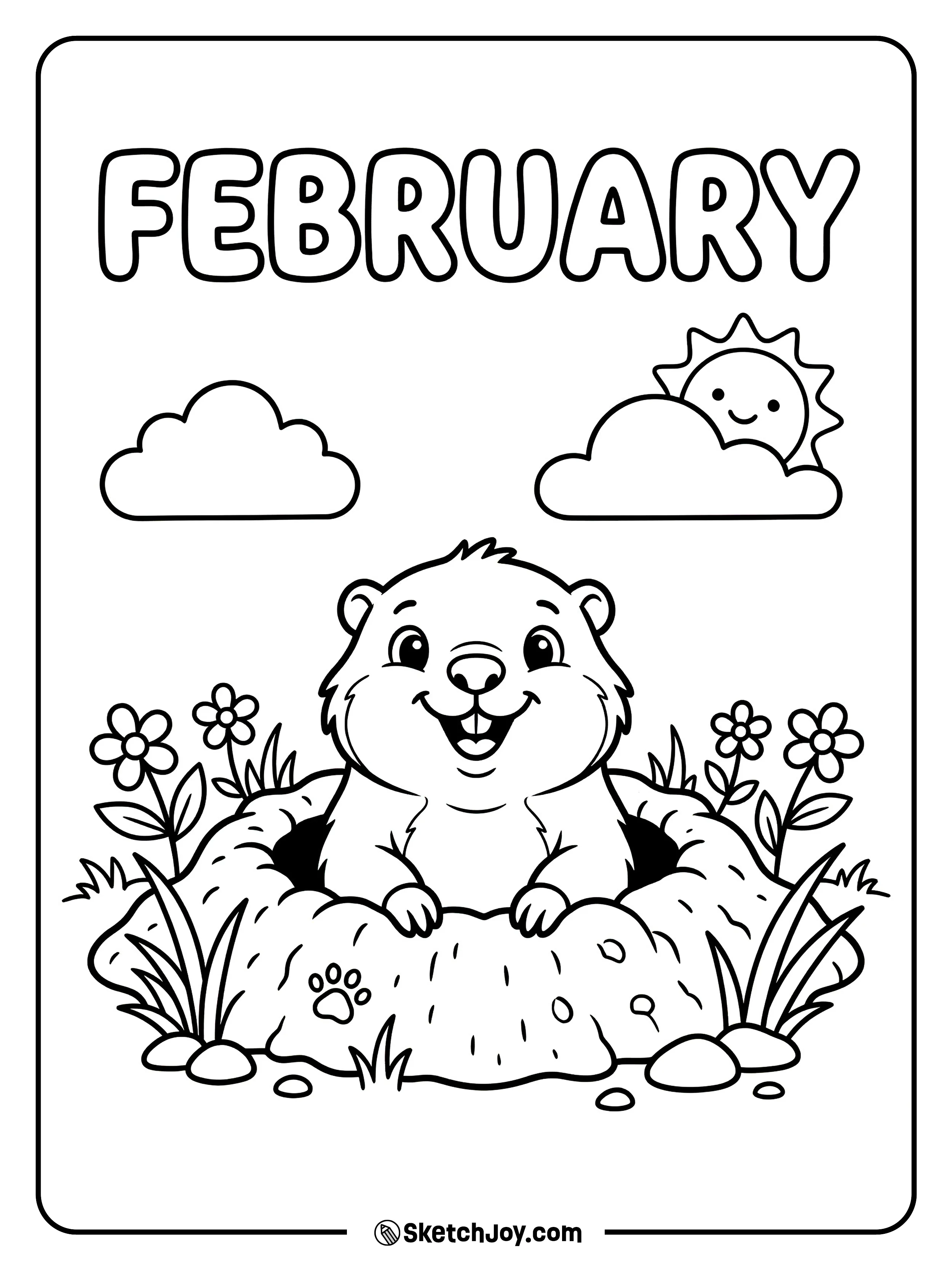 A groundhog pops up under FEBRUARY letters with a few clouds.