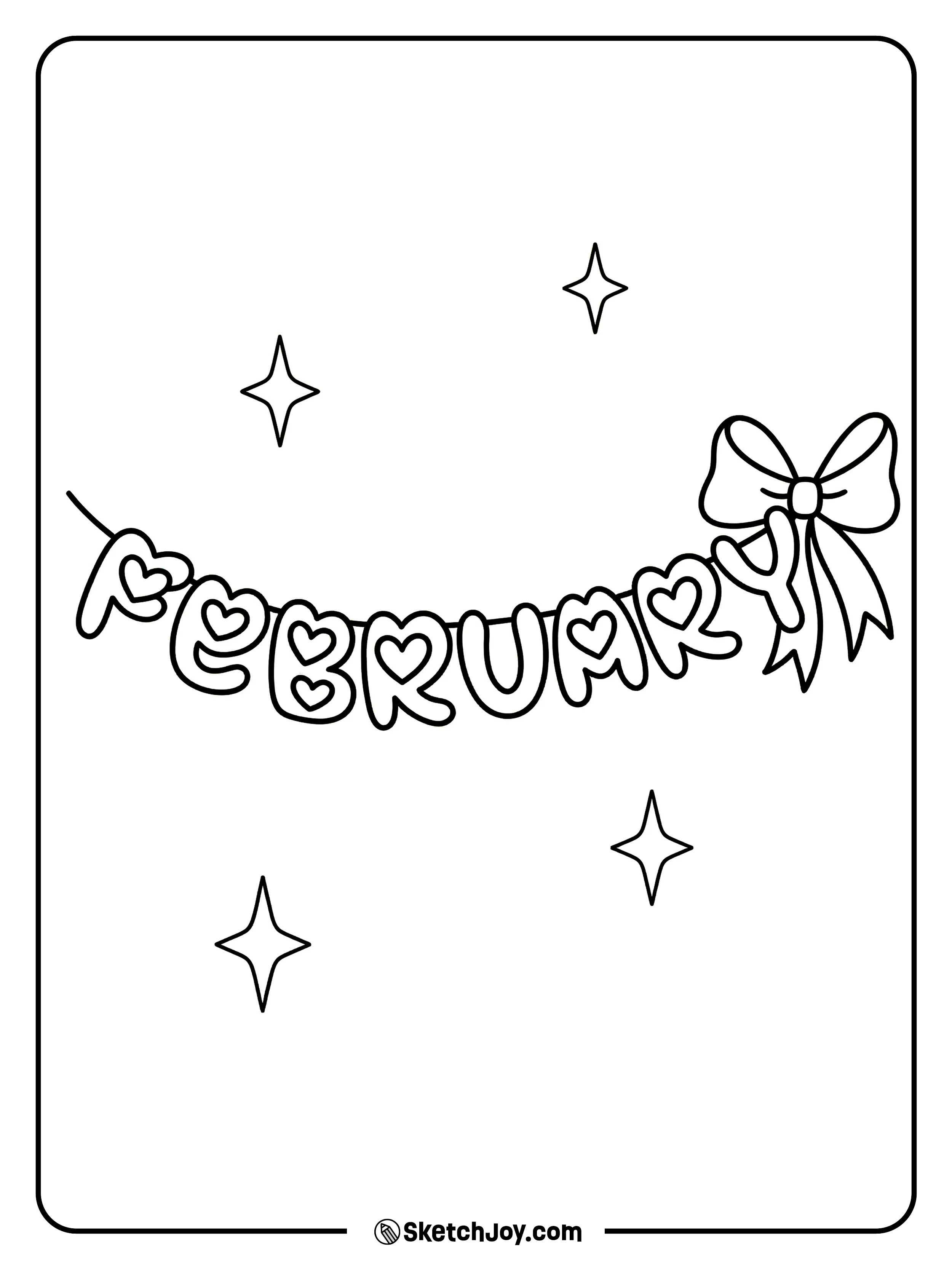 FEBRUARY is a garland of hearts with a bow at the end.