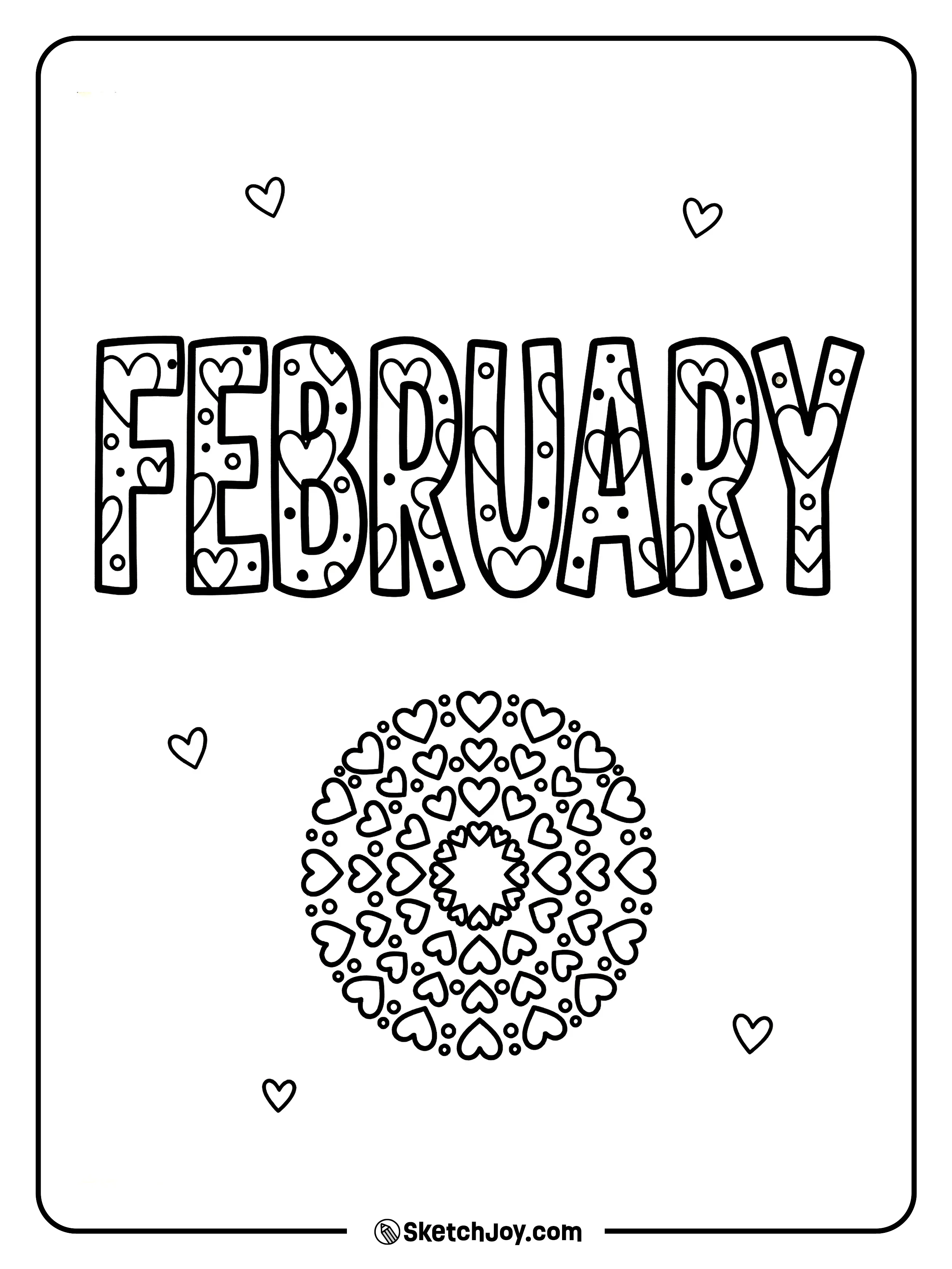 Big FEBRUARY letters have heart patterns inside them.