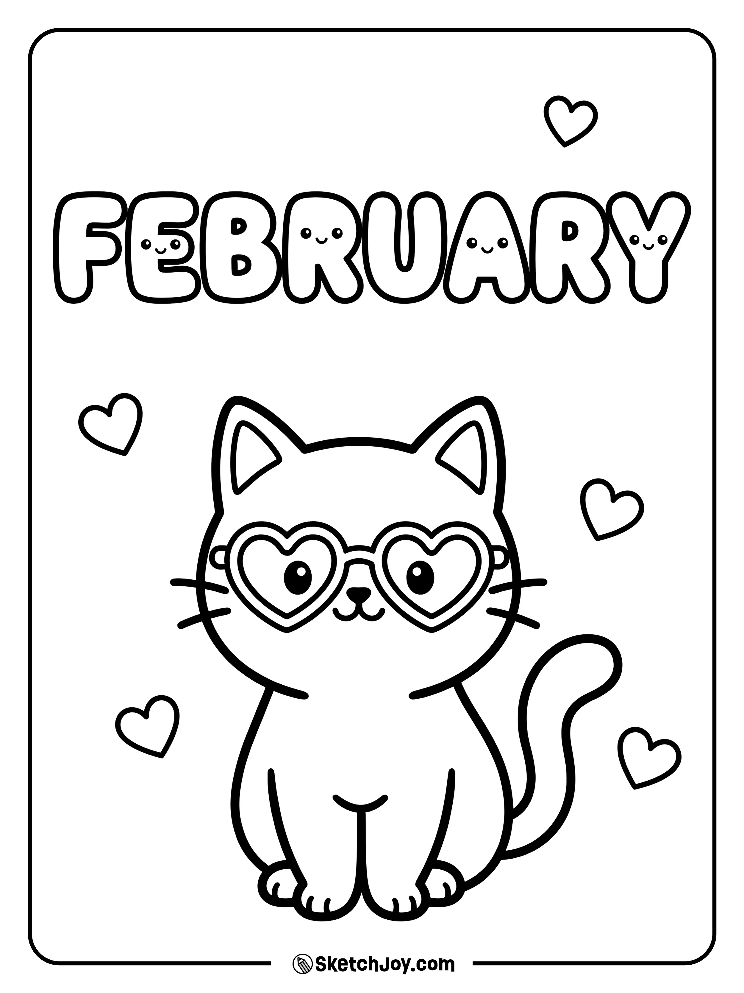 A cute cat wears heart glasses under FEBRUARY bubble letters.