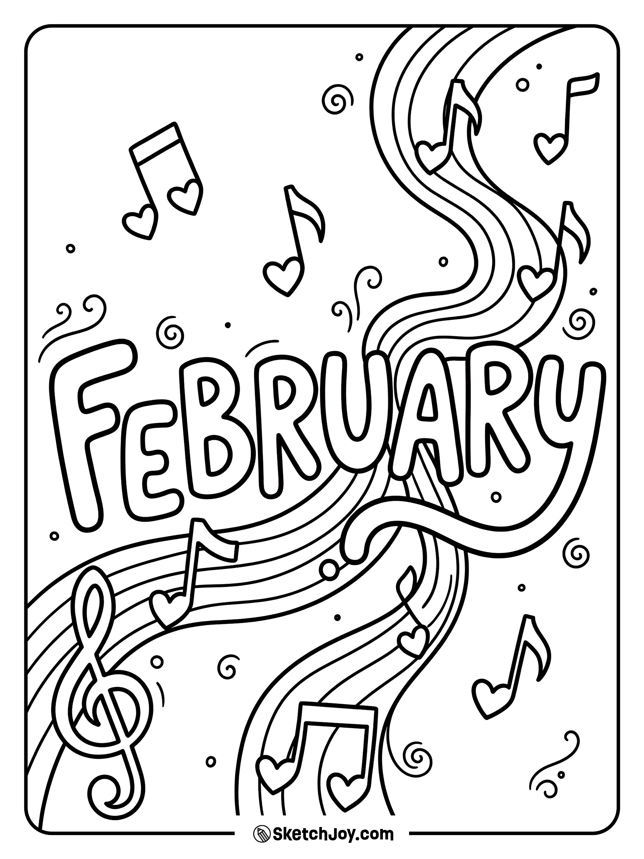 FEBRUARY letters dance with music notes and tiny hearts.