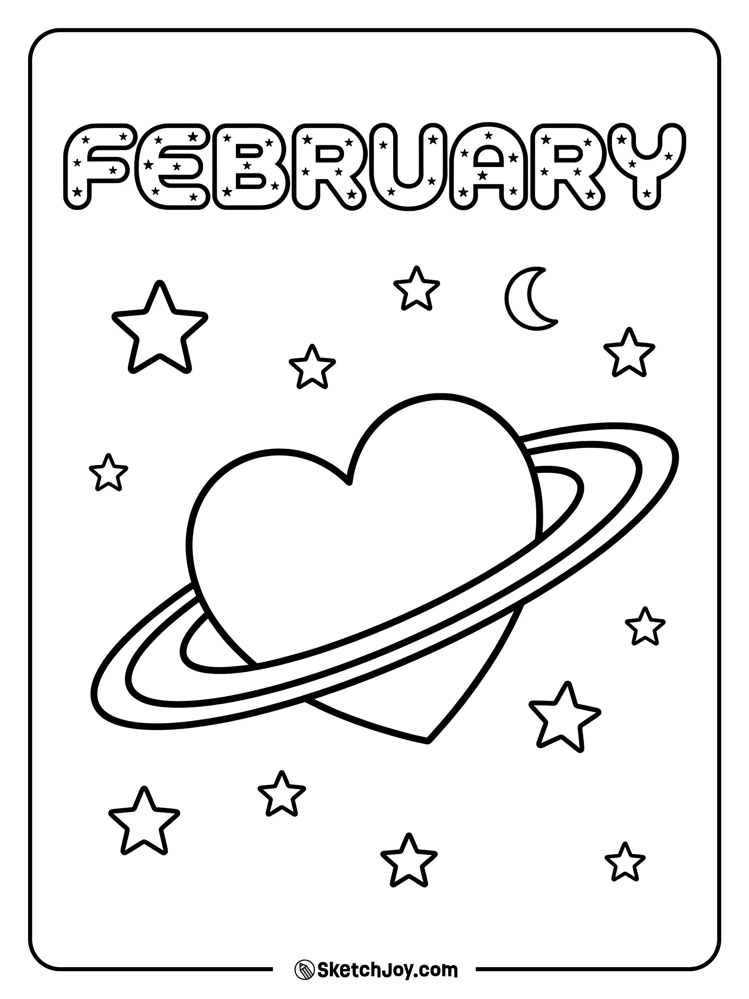 FEBRUARY floats in space with a heart planet and stars.