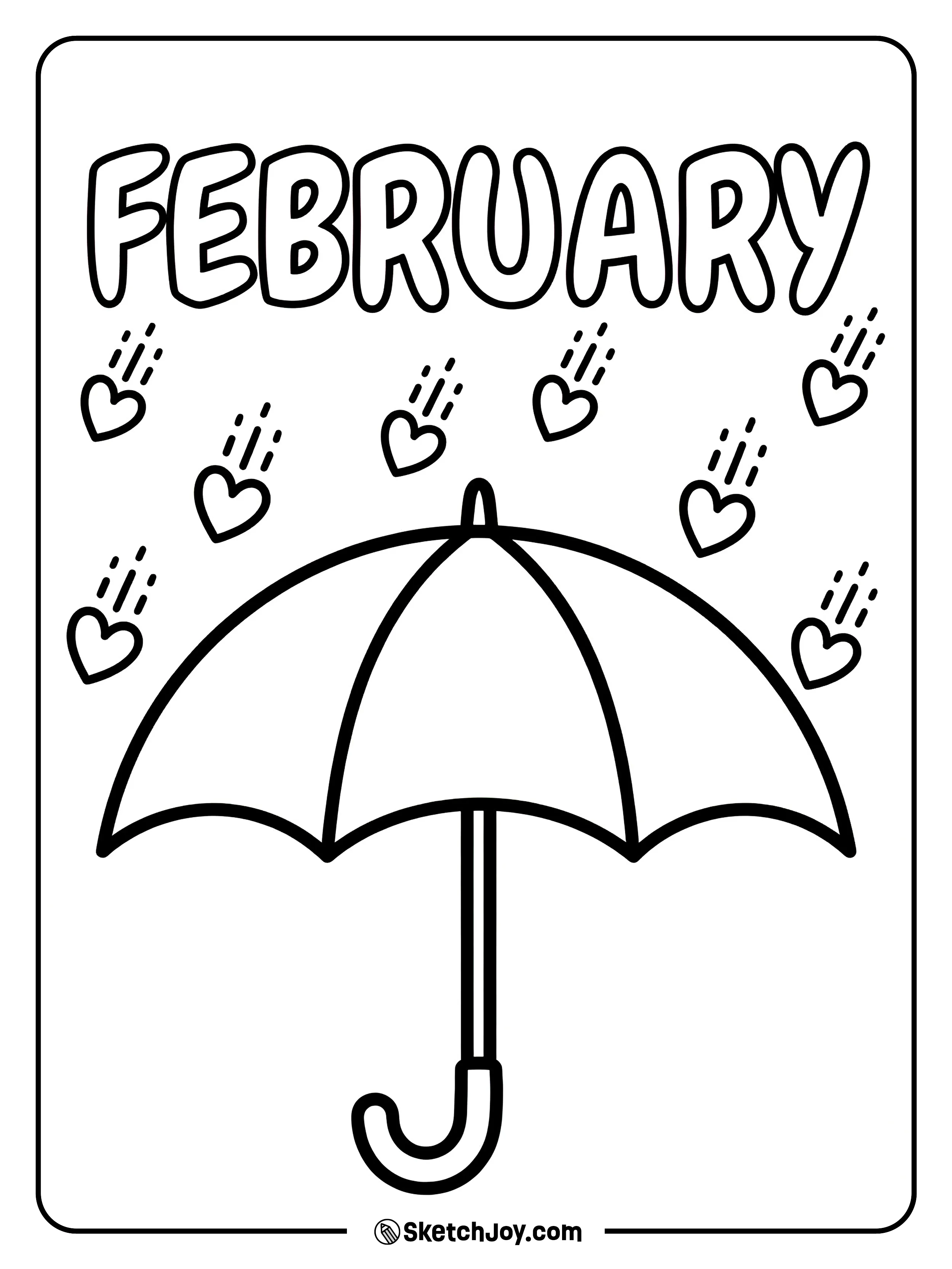 FEBRUARY sits under small heart raindrops and an umbrella.