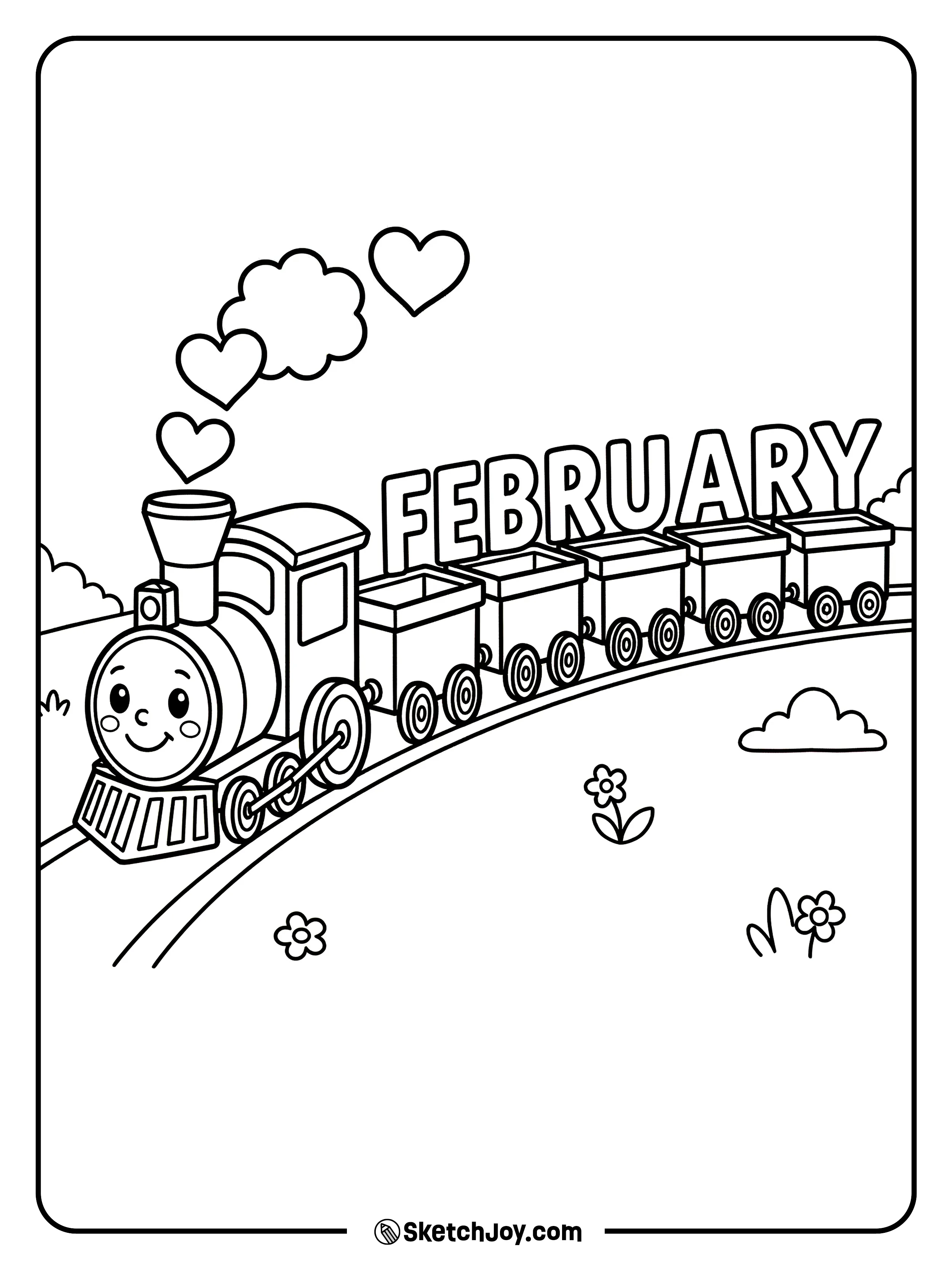 A tiny train pulls FEBRUARY letter cars with hearts.