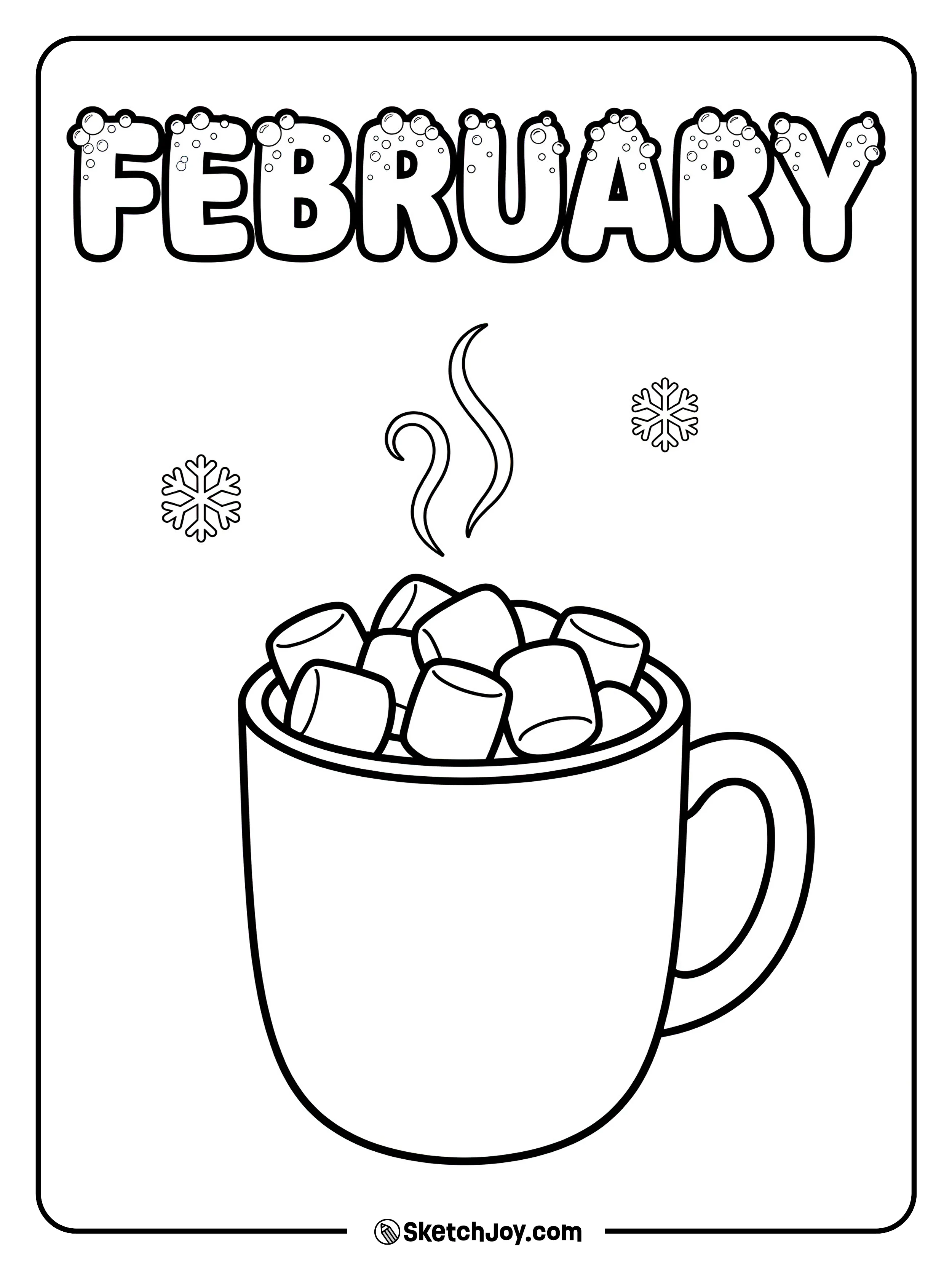A warm mug sits under FEBRUARY letters that look like cocoa foam.