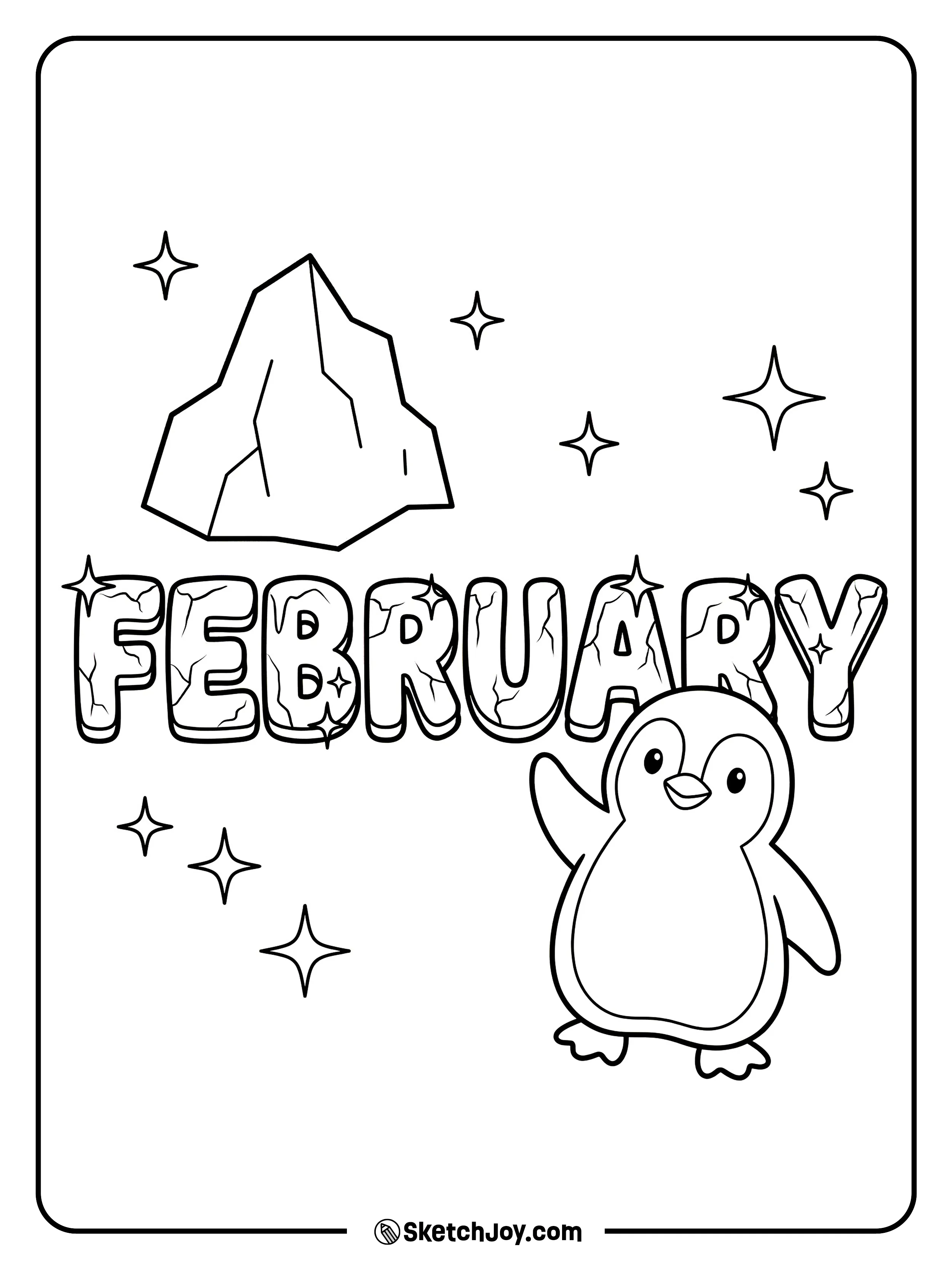 A friendly penguin stands beside FEBRUARY ice letters.