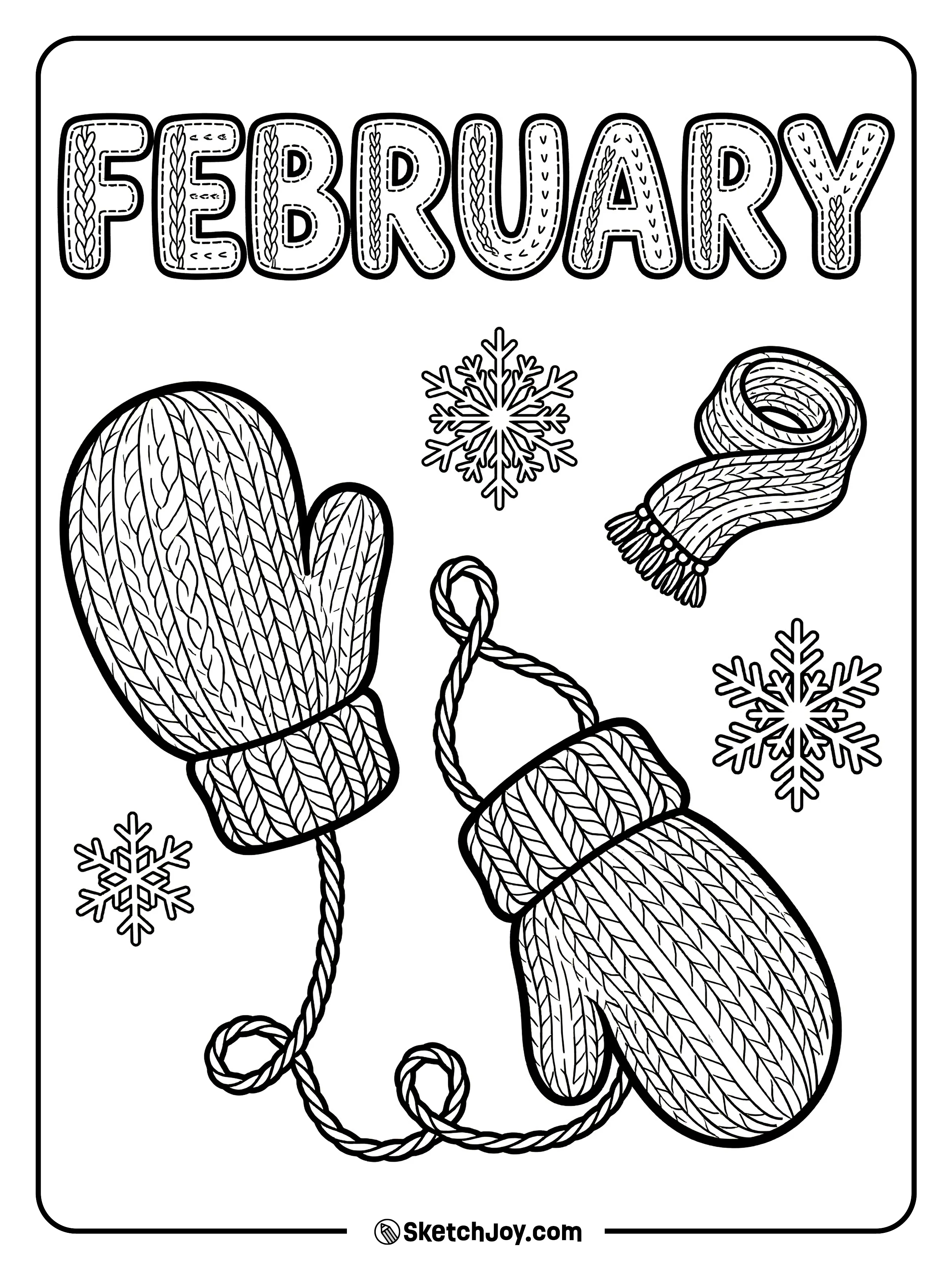 FEBRUARY looks like cozy knit letters with mittens hanging nearby.