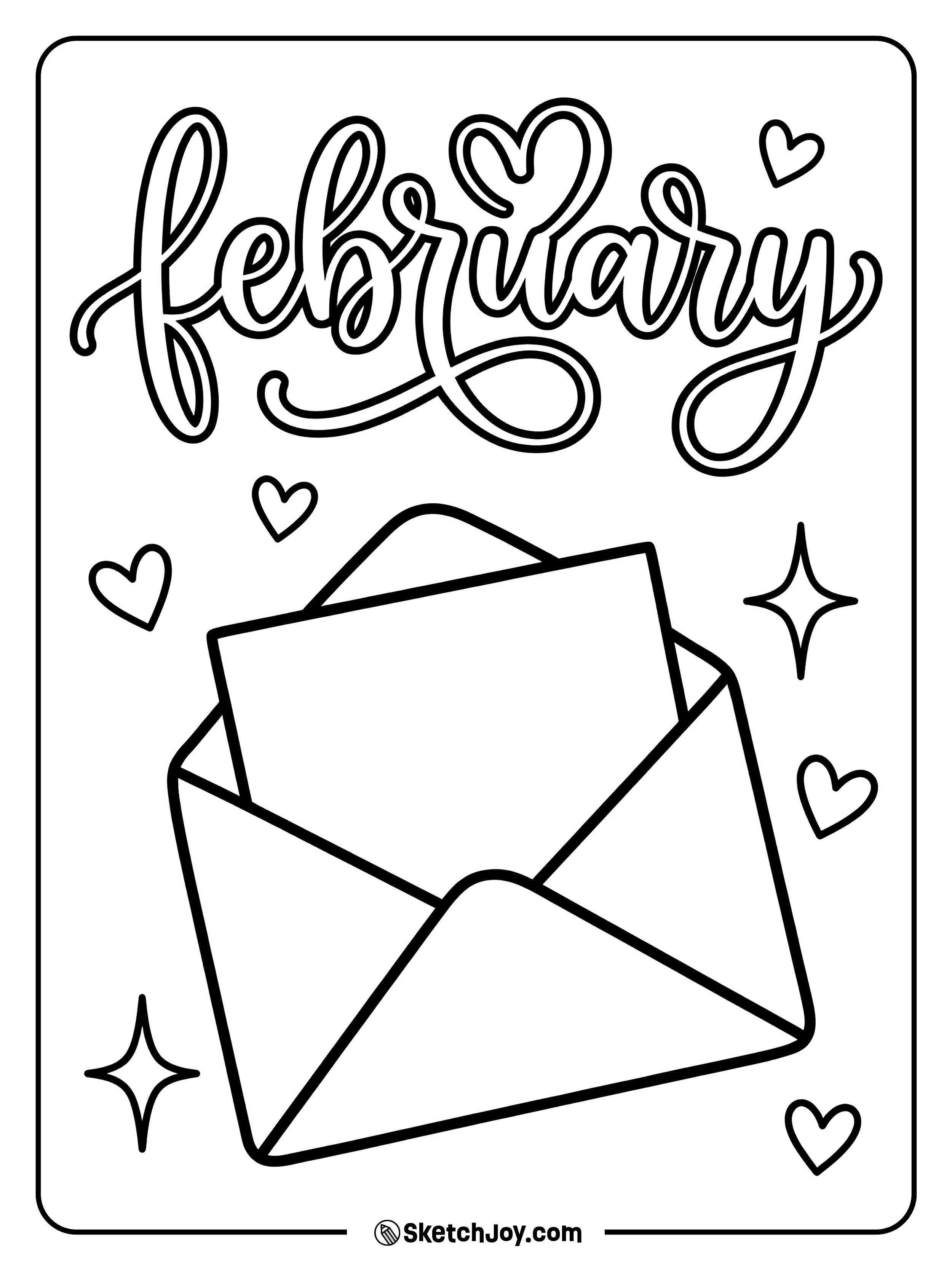 A cute envelope opens under FEBRUARY in sweet script letters.