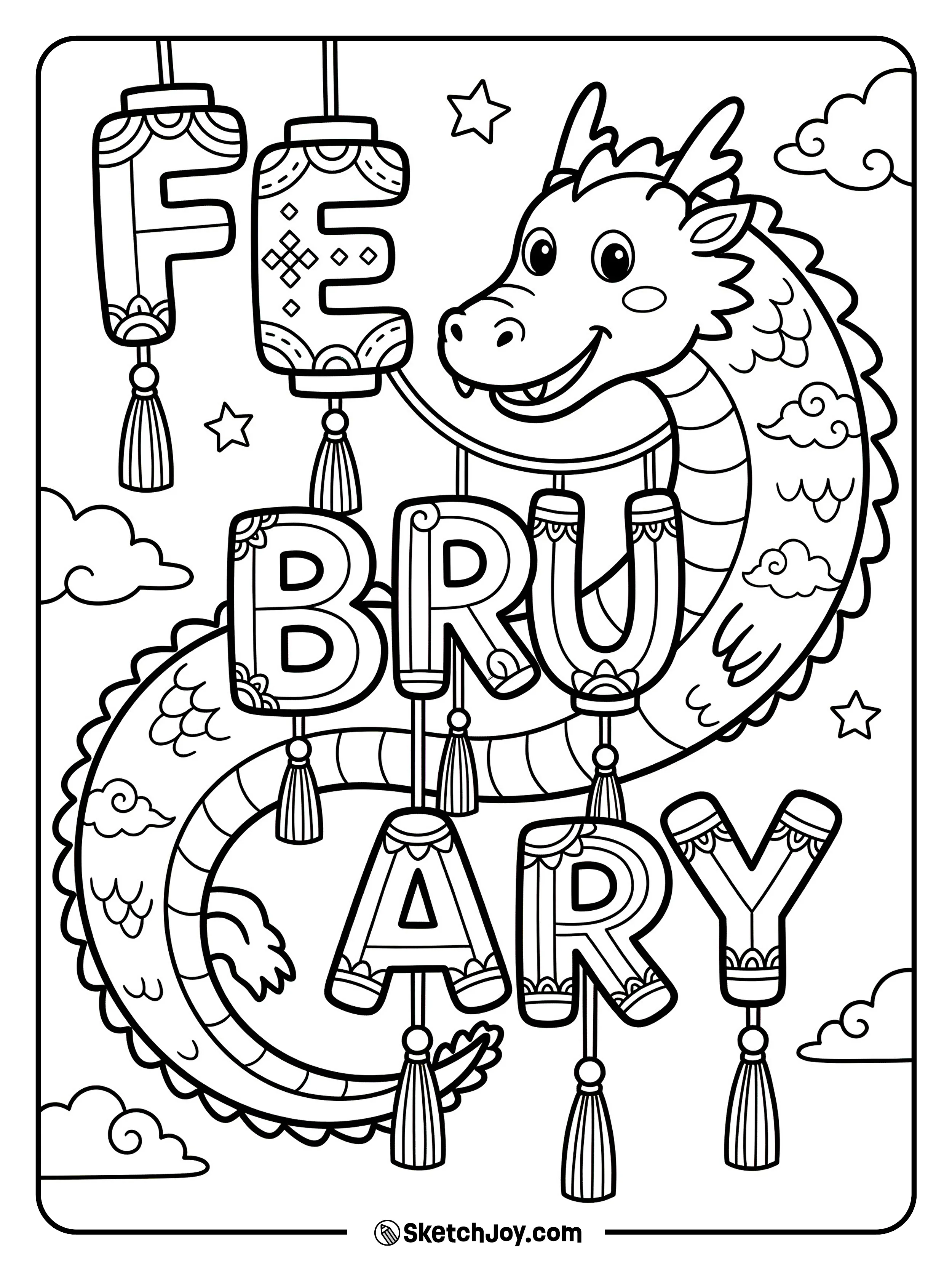 A cute dragon curls around FEBRUARY lantern letters.