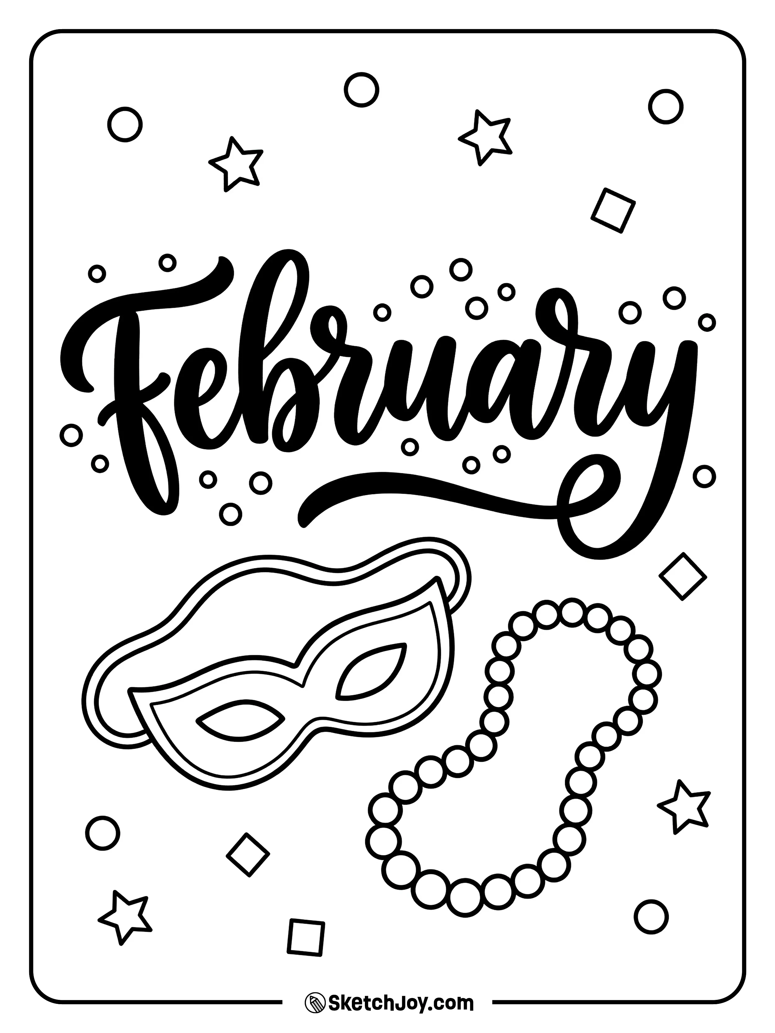 FEBRUARY has party brush letters with a mask and beads.