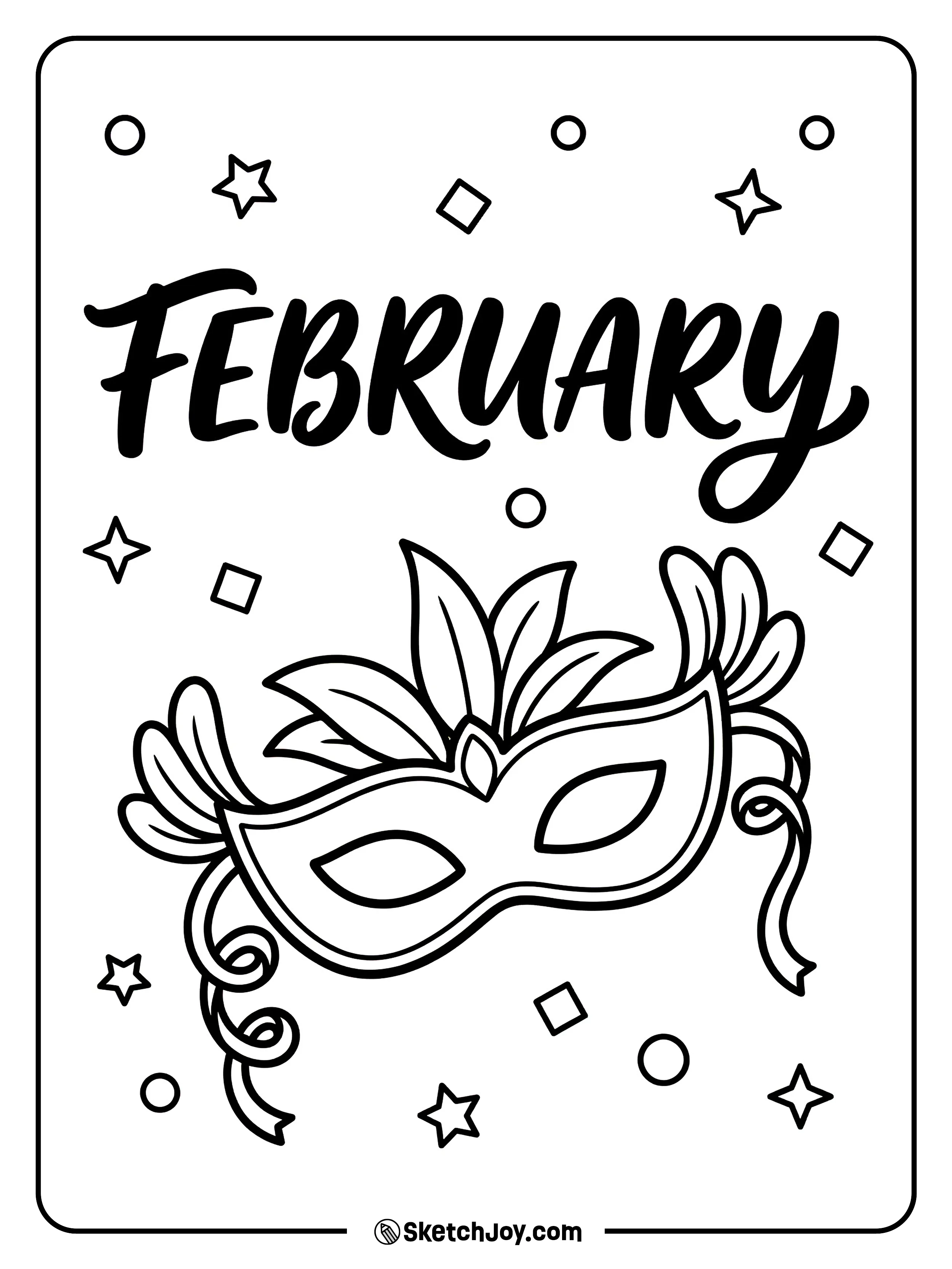 A festive mask sits under FEBRUARY brush letters with confetti.