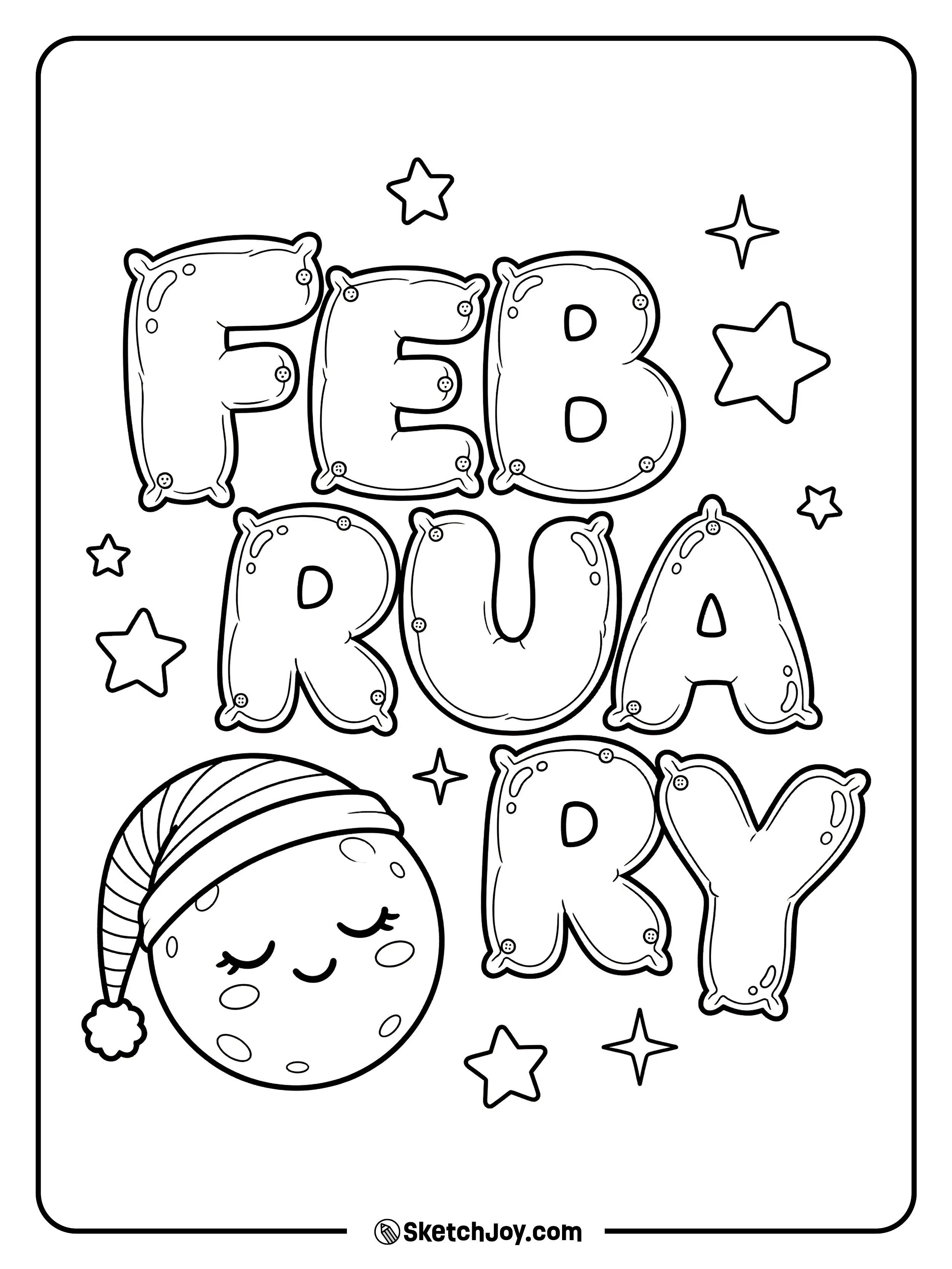 FEBRUARY looks like soft pajama letters with a sleepy moon.