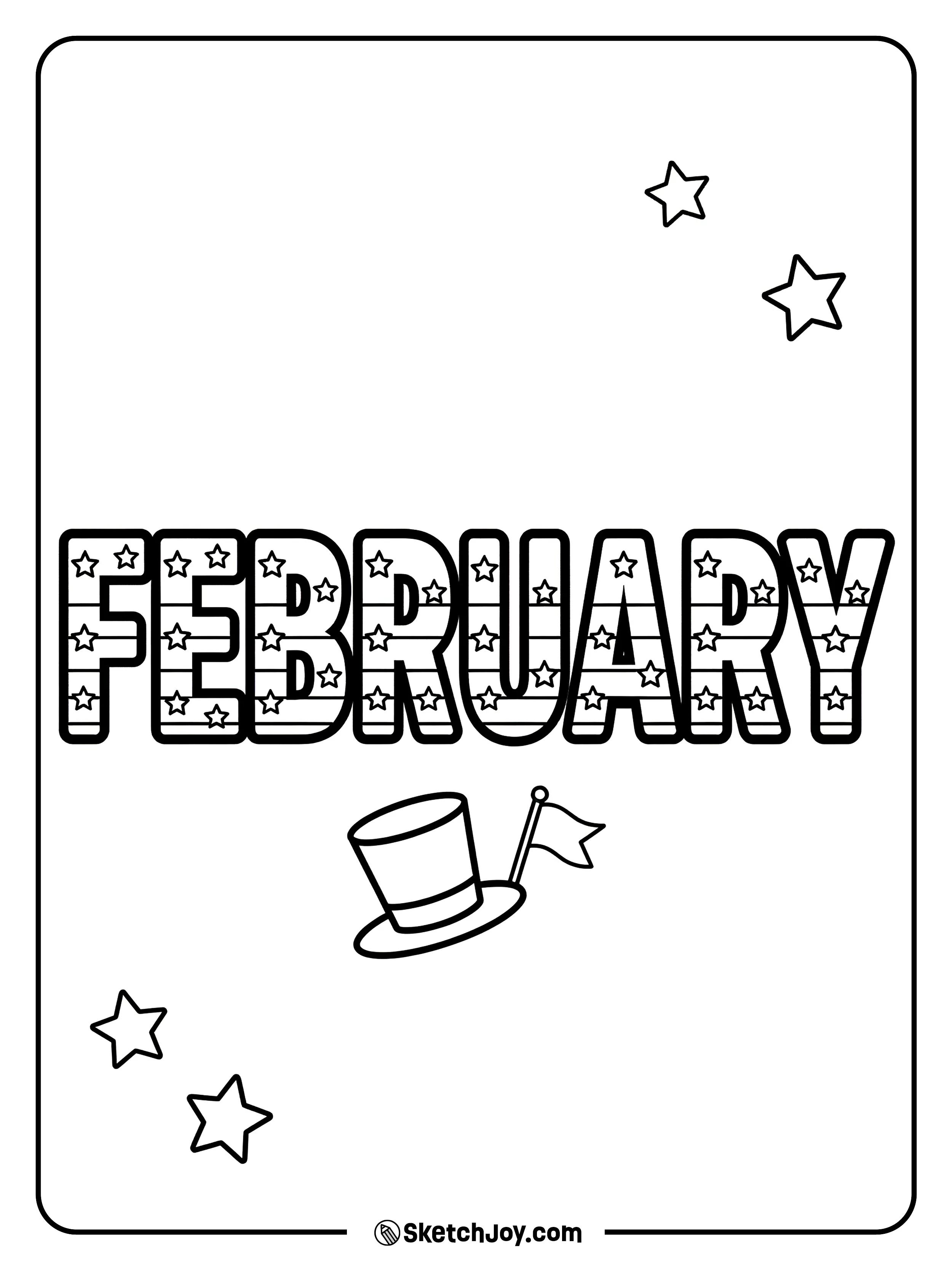 FEBRUARY has star letters with a small flag and hat.