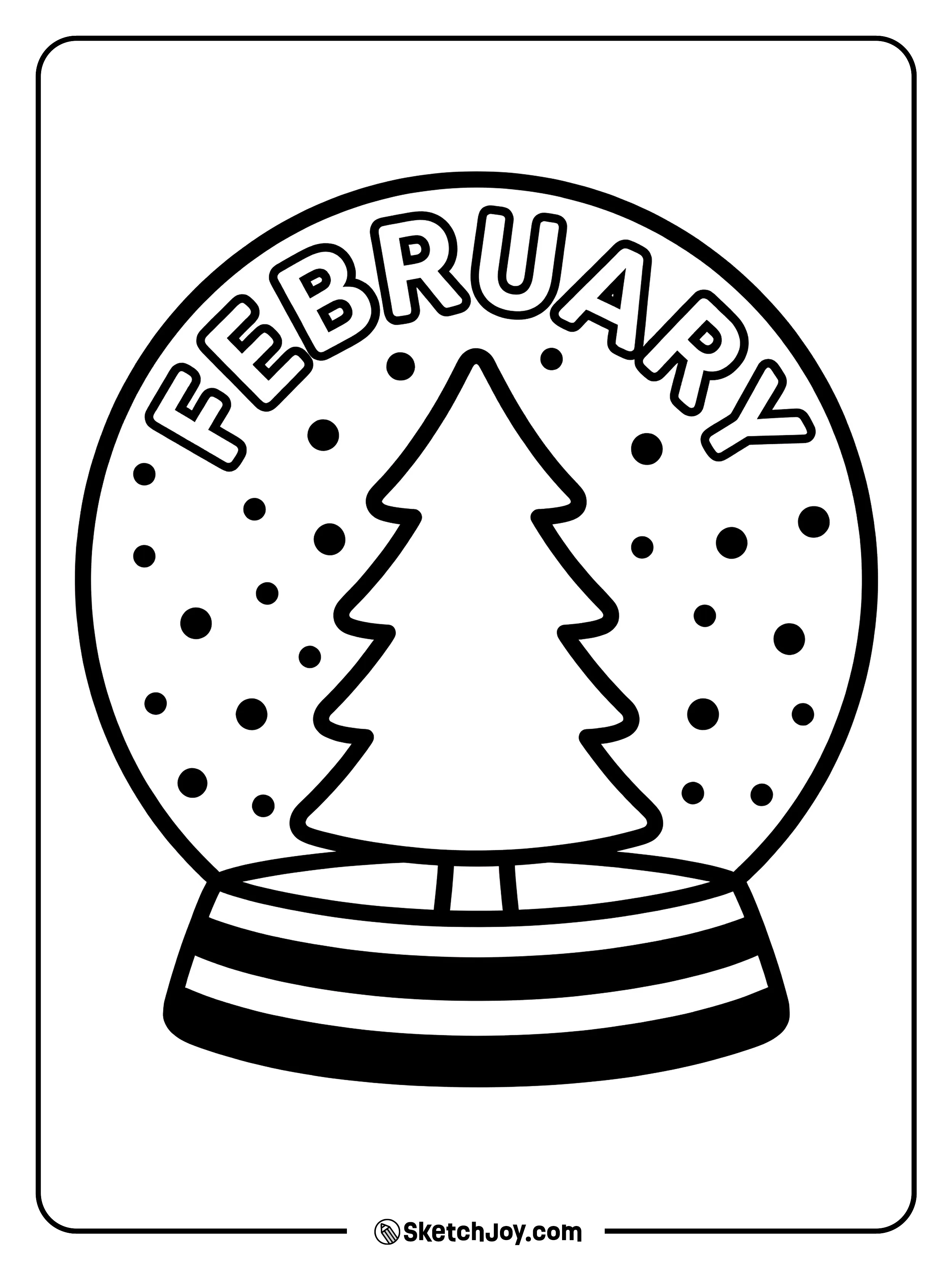 FEBRUARY sits inside a snow globe with one small tree.