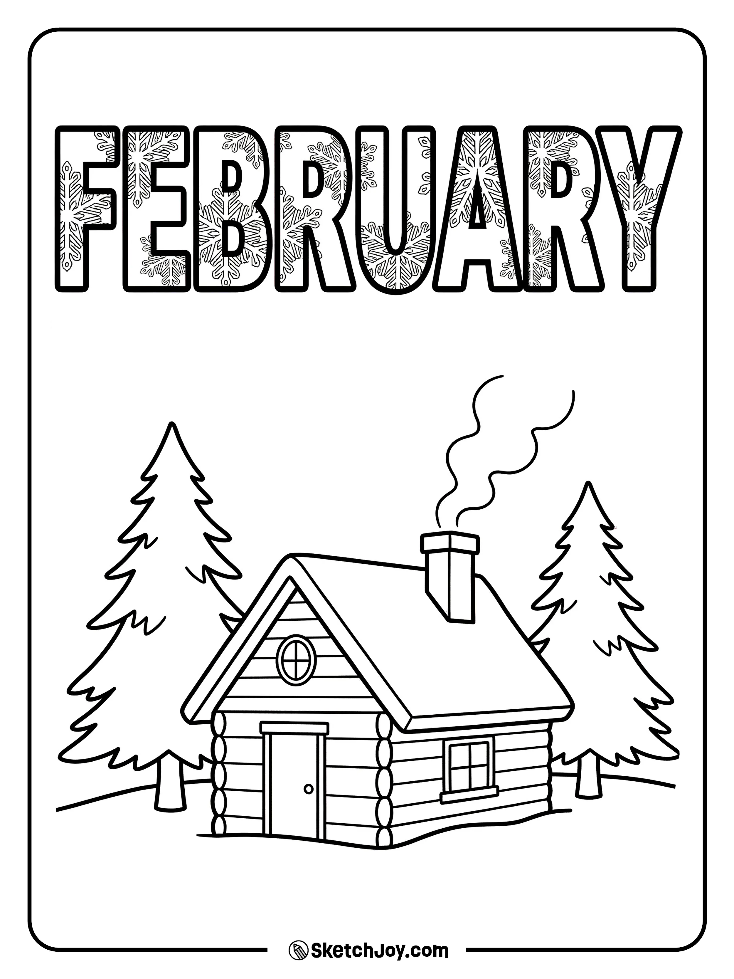 FEBRUARY letters have snowflake lace patterns and a tiny cabin.